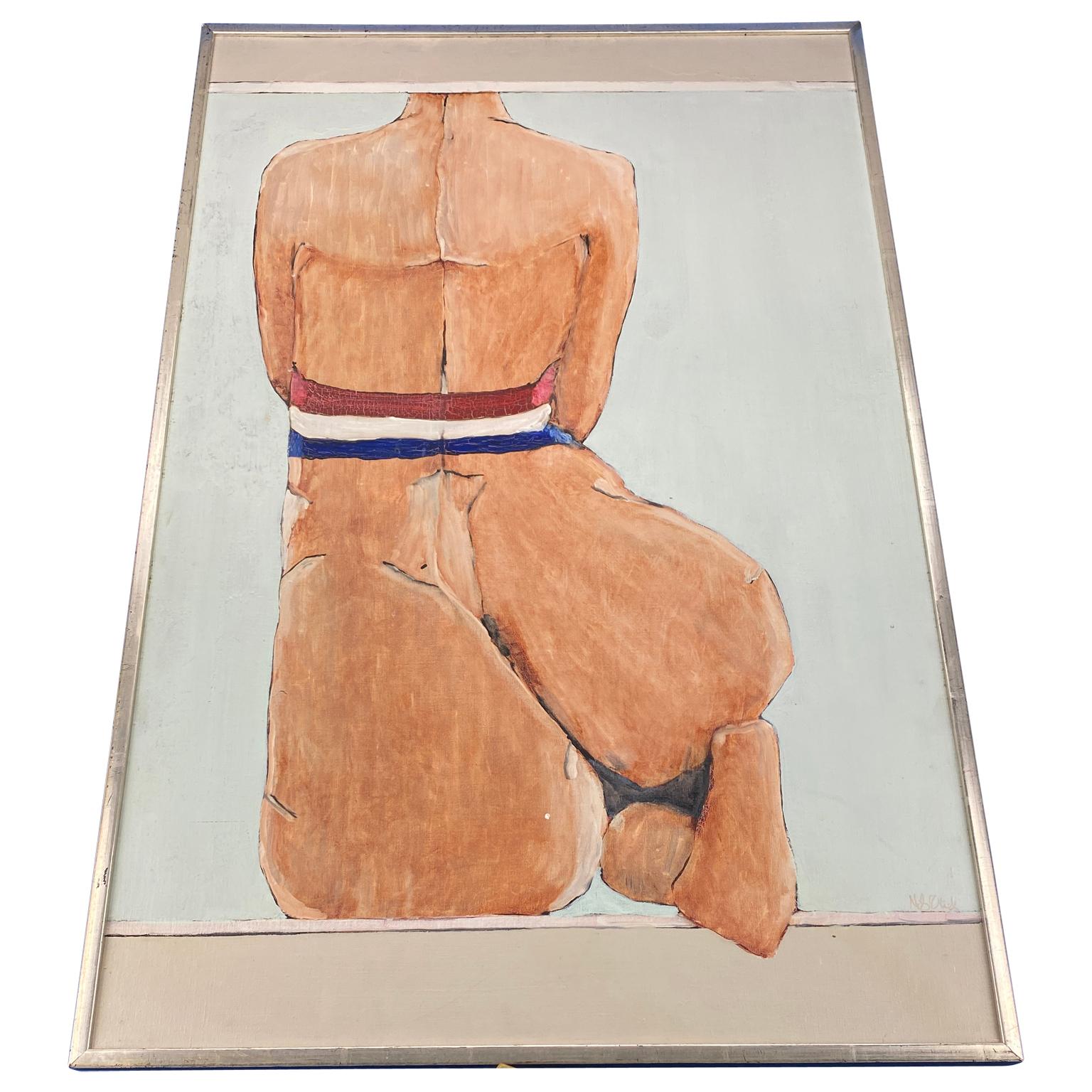 Modern French nude oil on canvas painting with tricolor wrapping in silver-gilded frame
Dated 1973, unclear signature, please see detailed images.