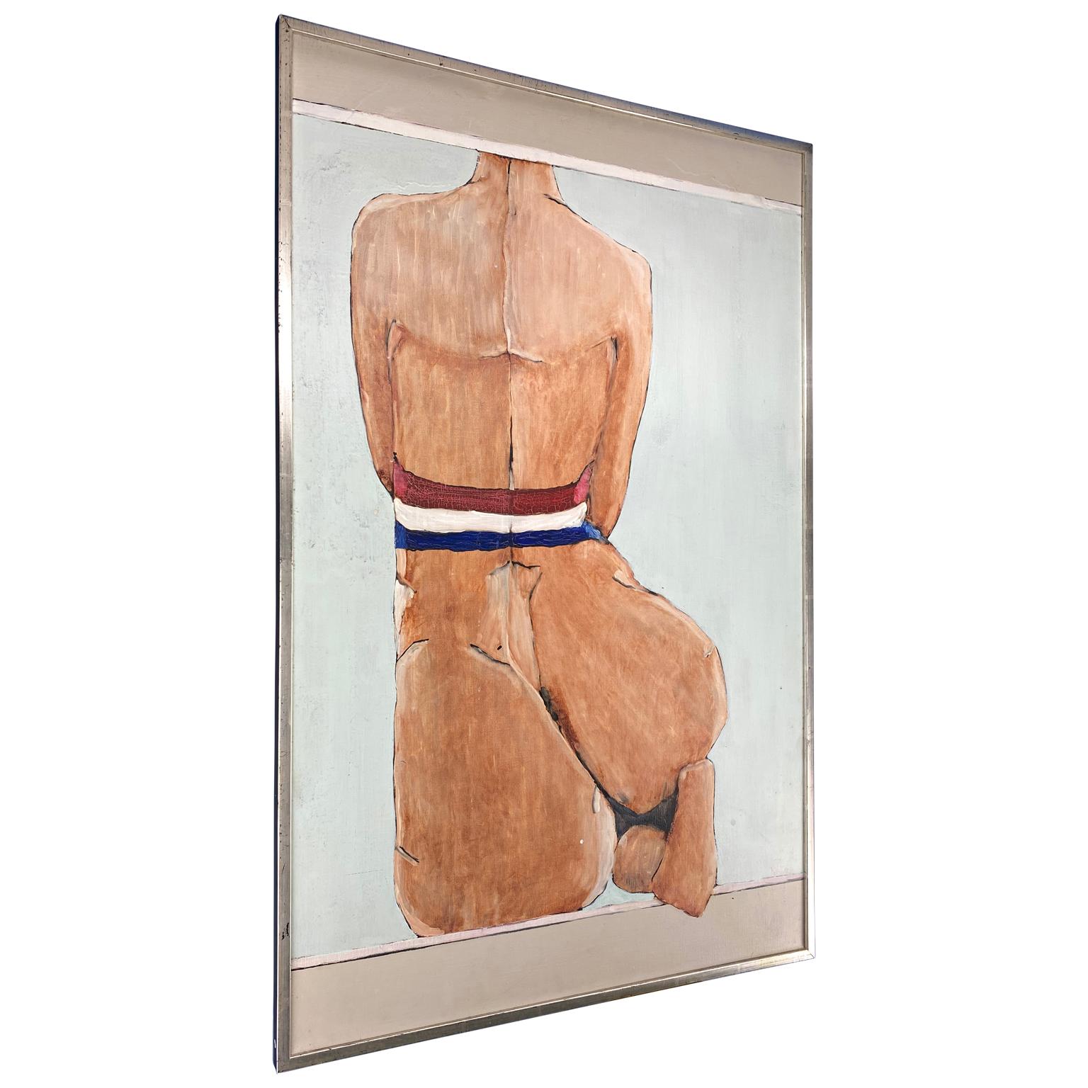 Oiled Modern French Nude Oil on Canvas Painting with Tricolor Wrapping, Dated 1973