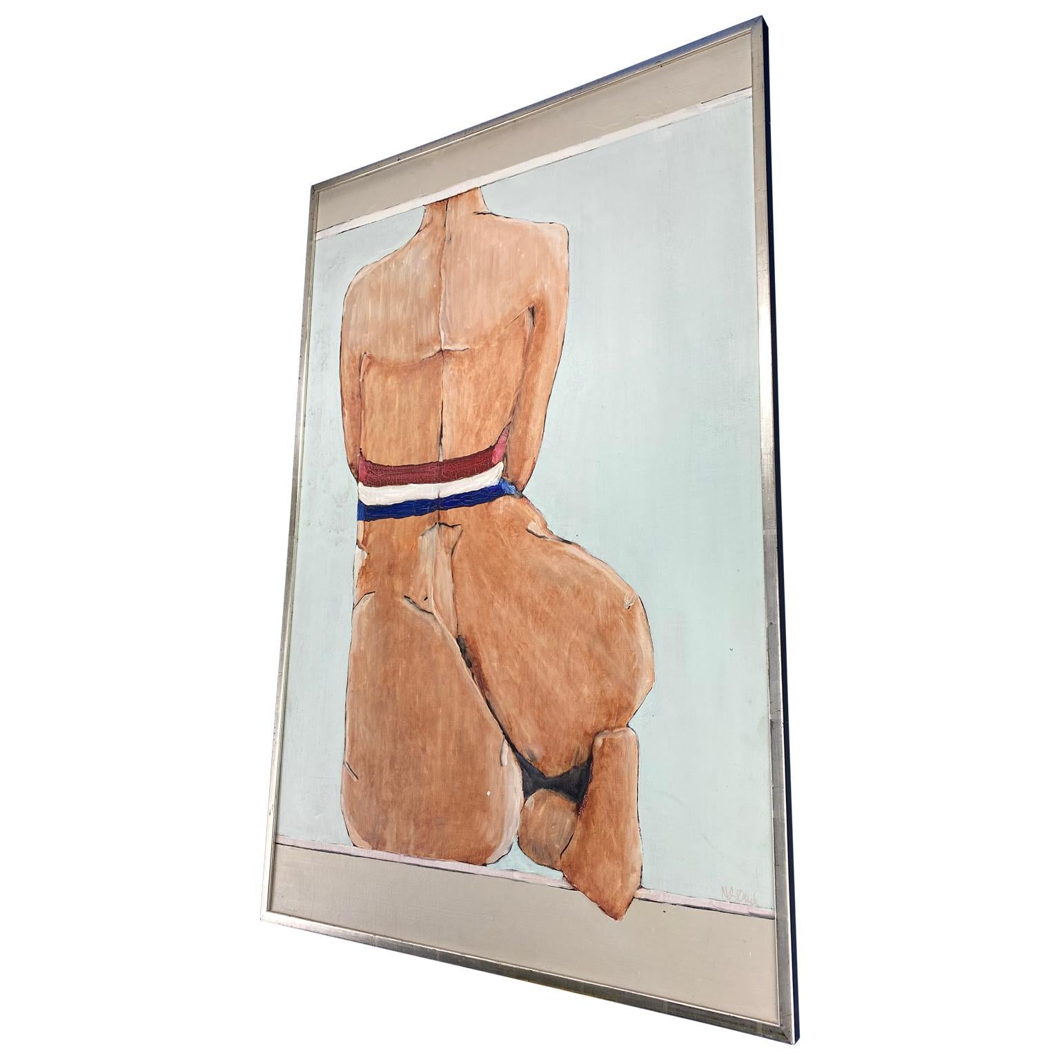 Modern French Nude Oil on Canvas Painting with Tricolor Wrapping, Dated 1973 In Good Condition In Haddonfield, NJ
