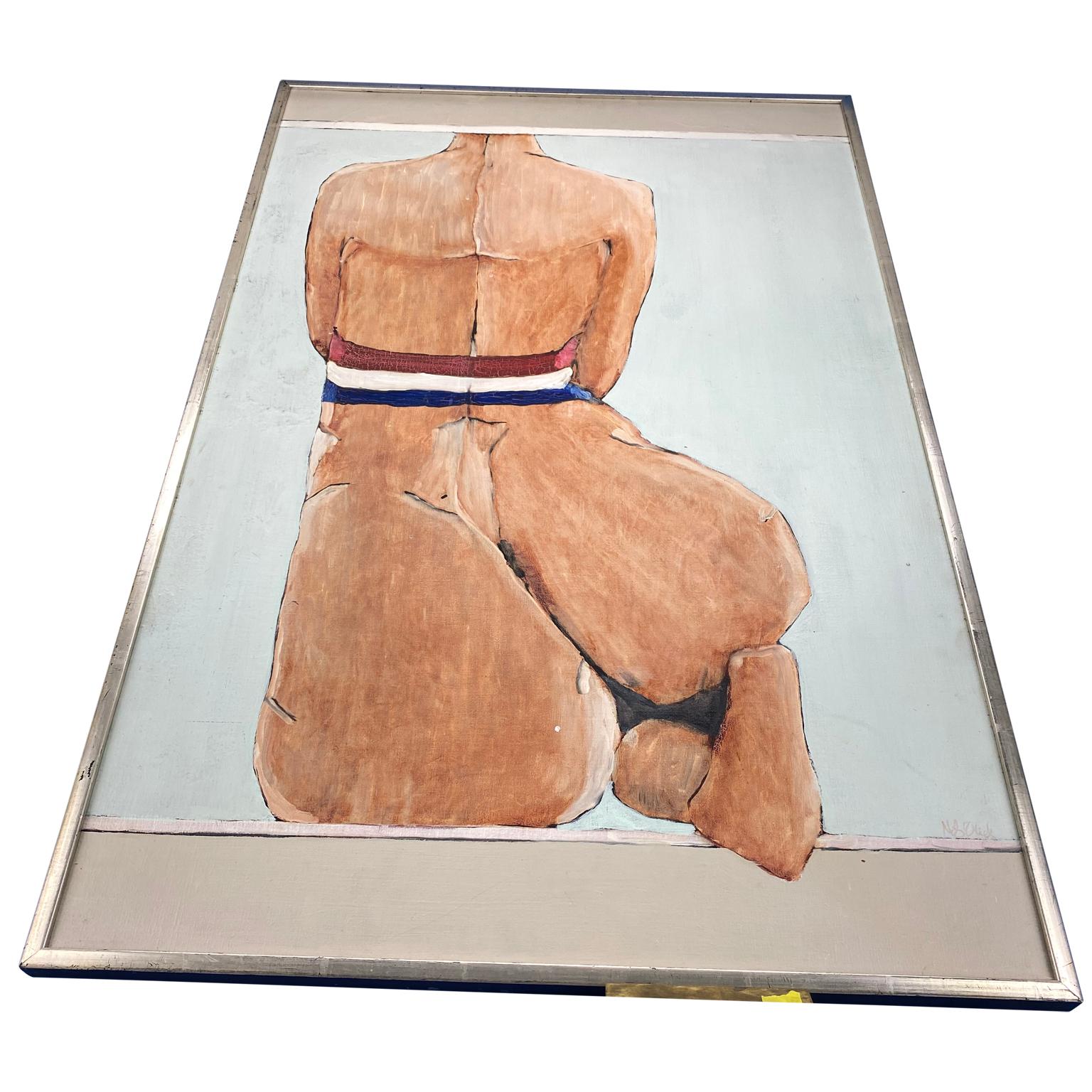 20th Century Modern French Nude Oil on Canvas Painting with Tricolor Wrapping, Dated 1973