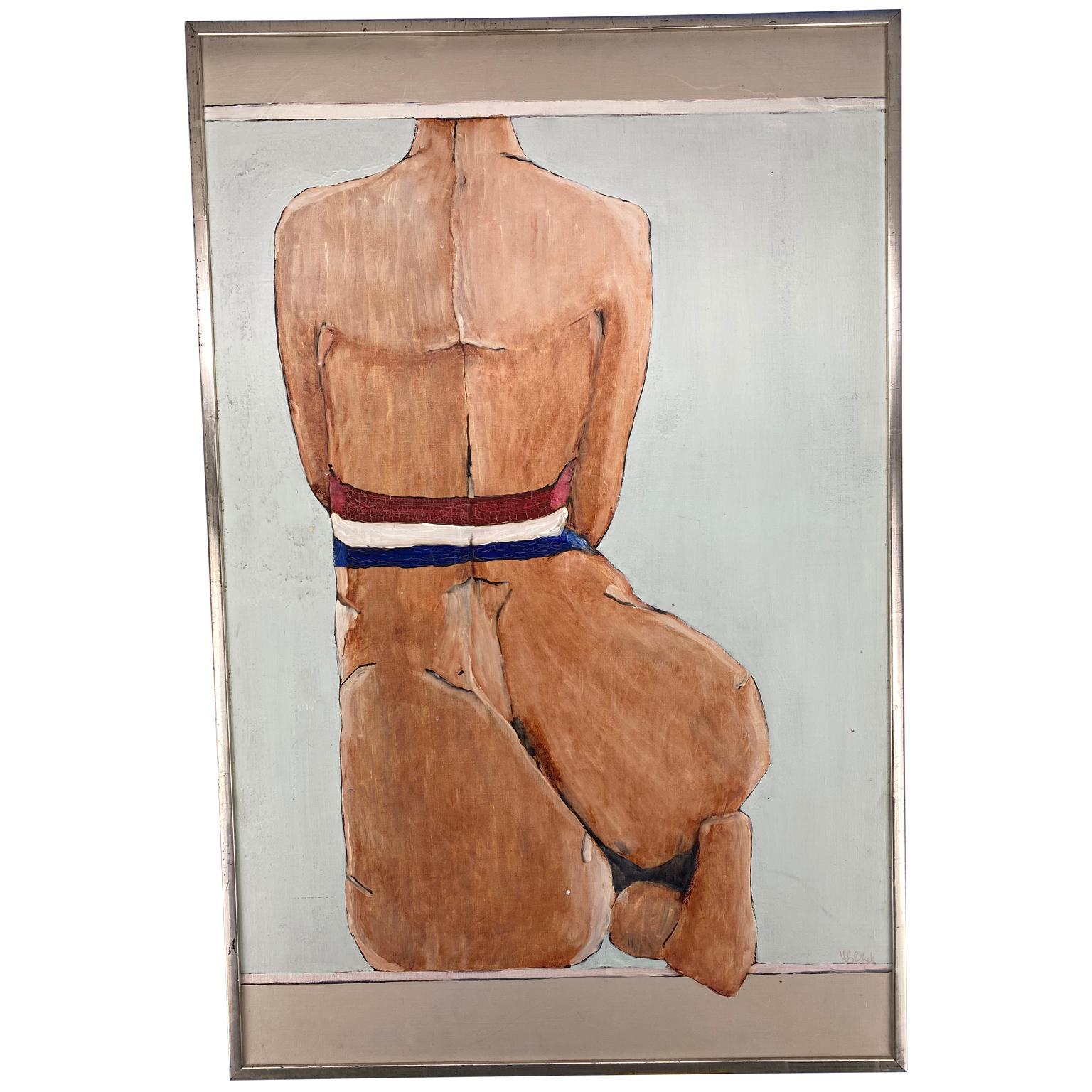 Modern French Nude Oil on Canvas Painting with Tricolor Wrapping, Dated 1973 1