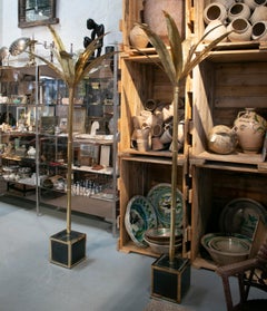 Modern French Pair of French Brass Palm Trees with Ceramic Panelled Square Base