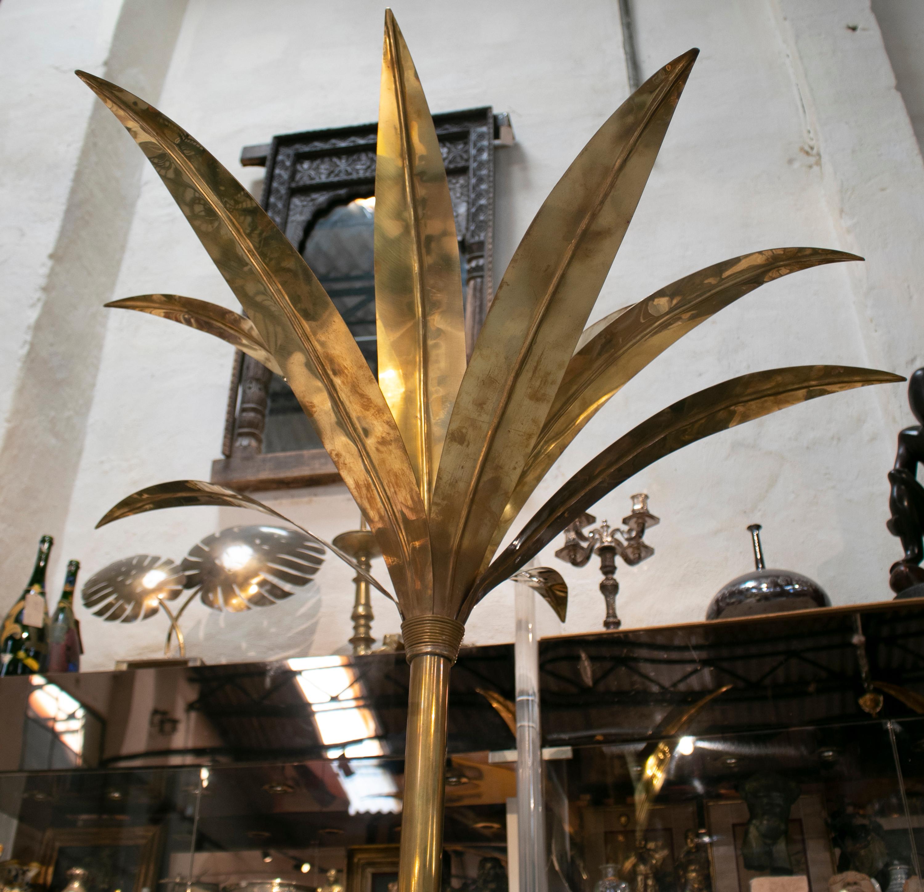 Modern French Pair of French Brass Palm Trees with Ceramic Panelled Square Base 3