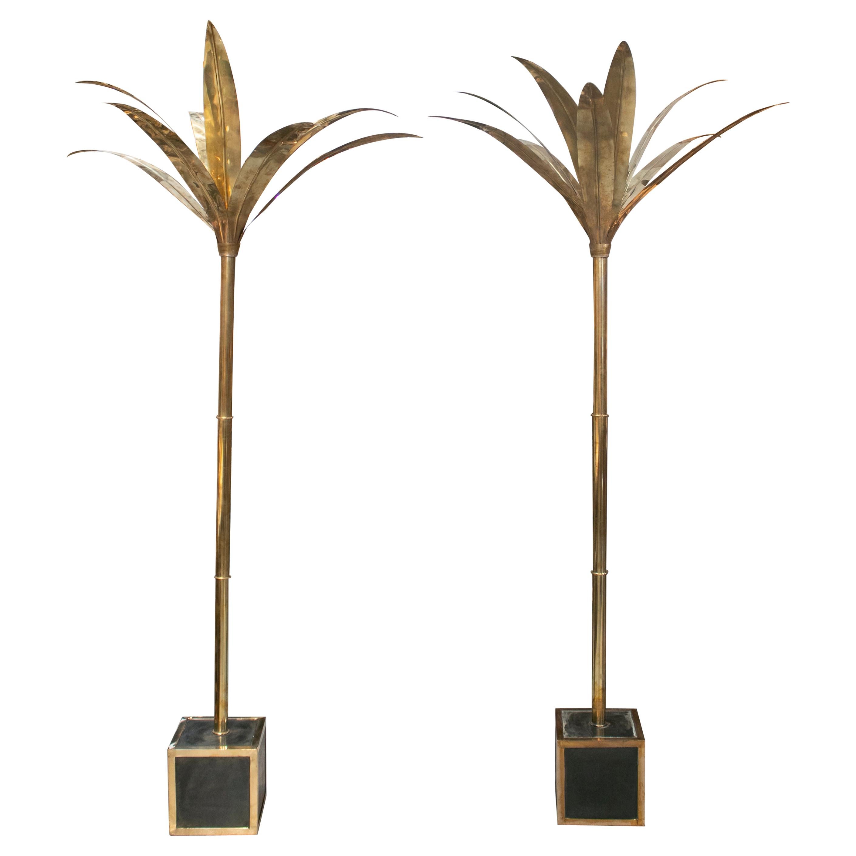 Modern French Pair of French Brass Palm Trees with Ceramic Panelled Square Base