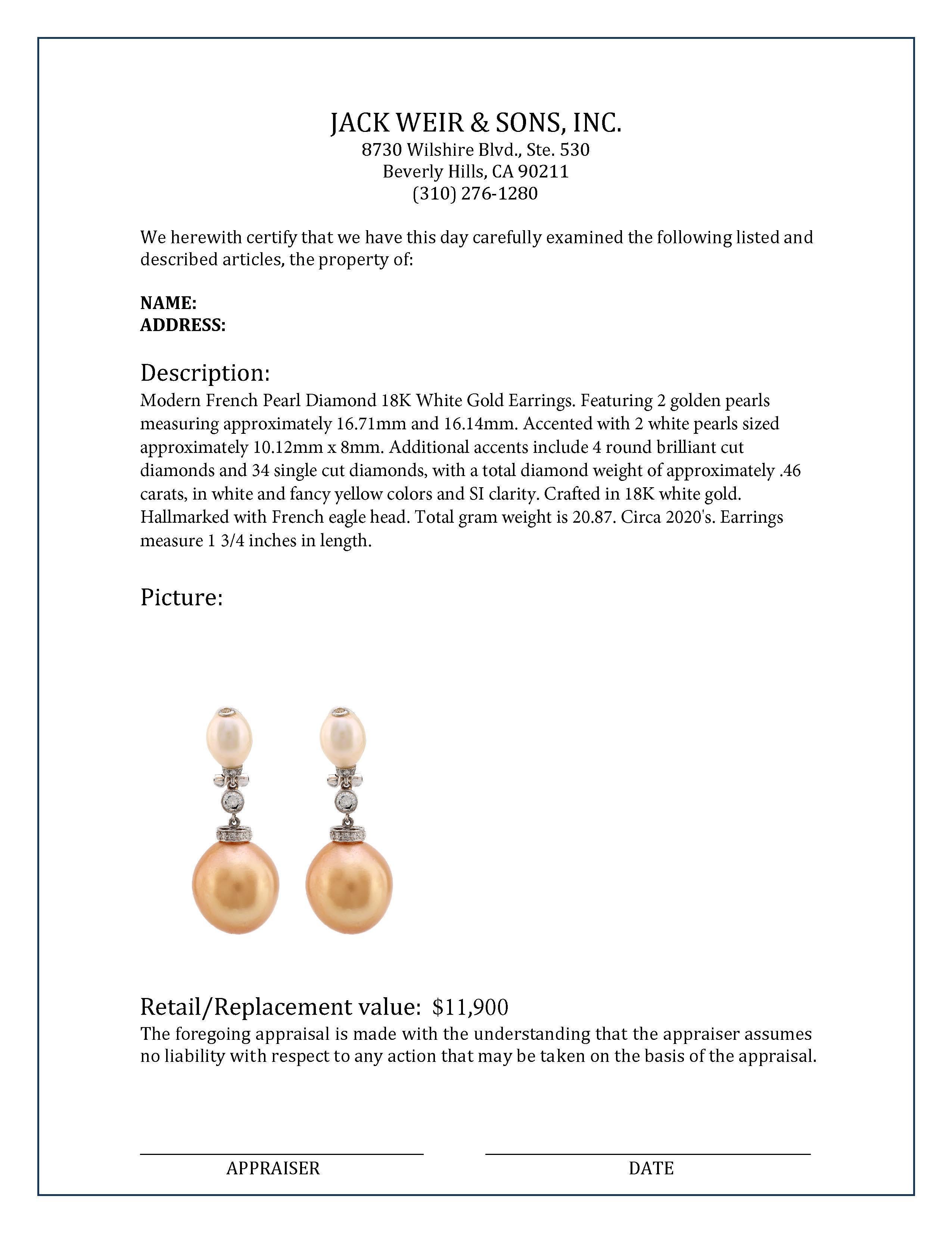 Orecchini moderni con perle francesi e diamanti in oro bianco 18 carati In condizioni ottime in vendita a Beverly Hills, CA