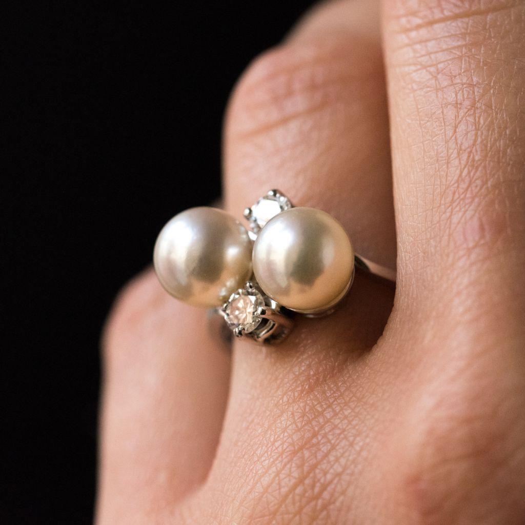 Bead Modern French Pearl Diamond 18 Karat White Gold Ring