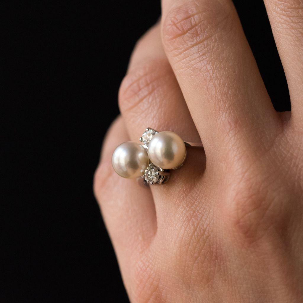 Women's Modern French Pearl Diamond 18 Karat White Gold Ring