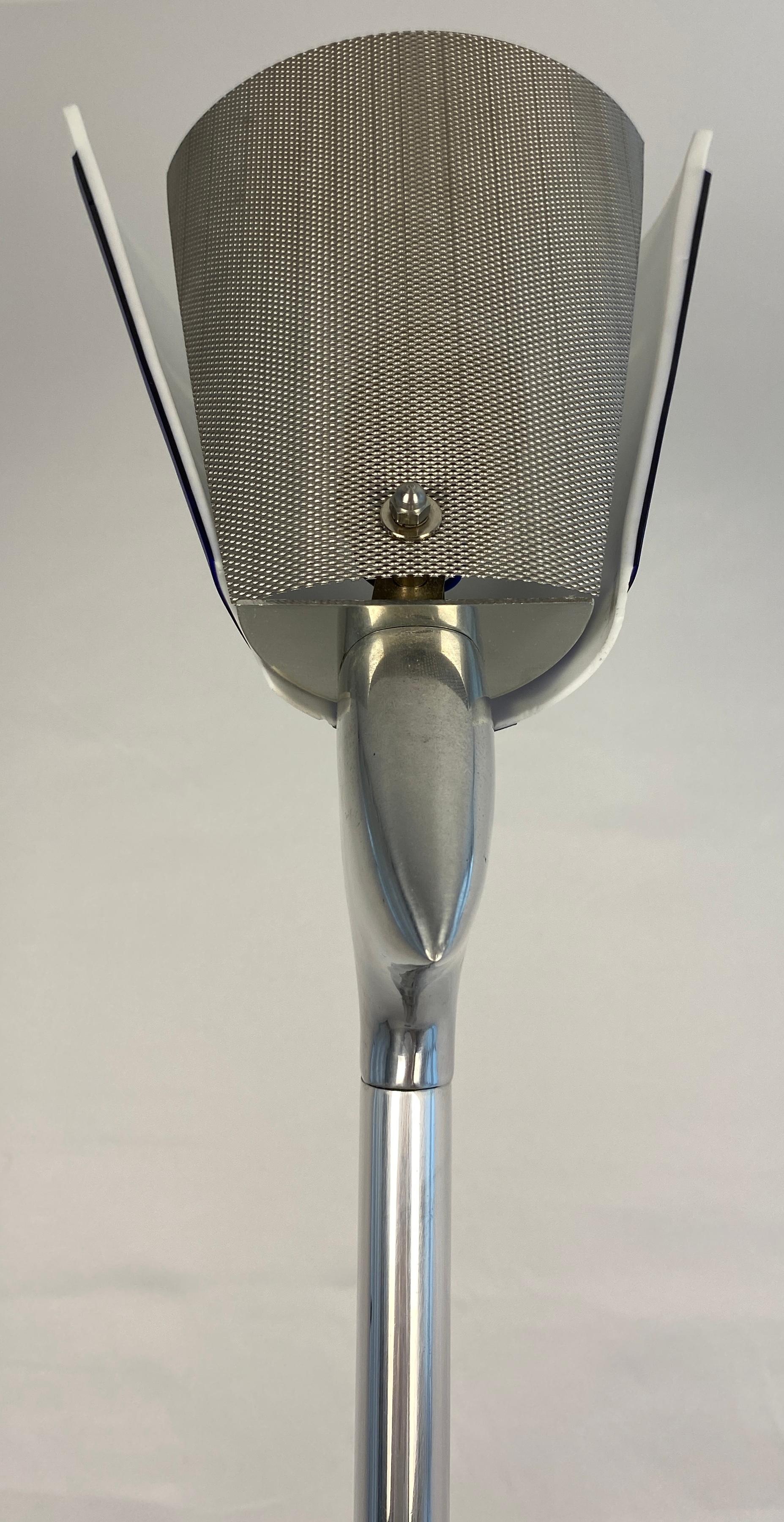 20th Century Modern French Polished Chrome Floor Lamp with Blue Shade by LG, Paris France For Sale