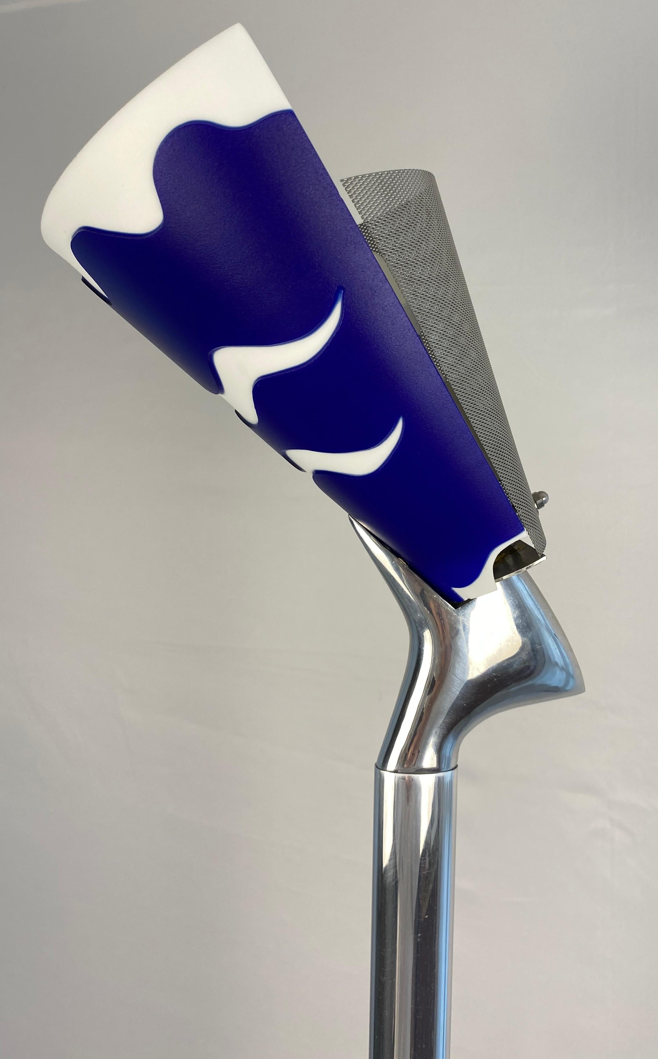 Metal Modern French Polished Chrome Floor Lamp with Blue Shade by LG, Paris France For Sale