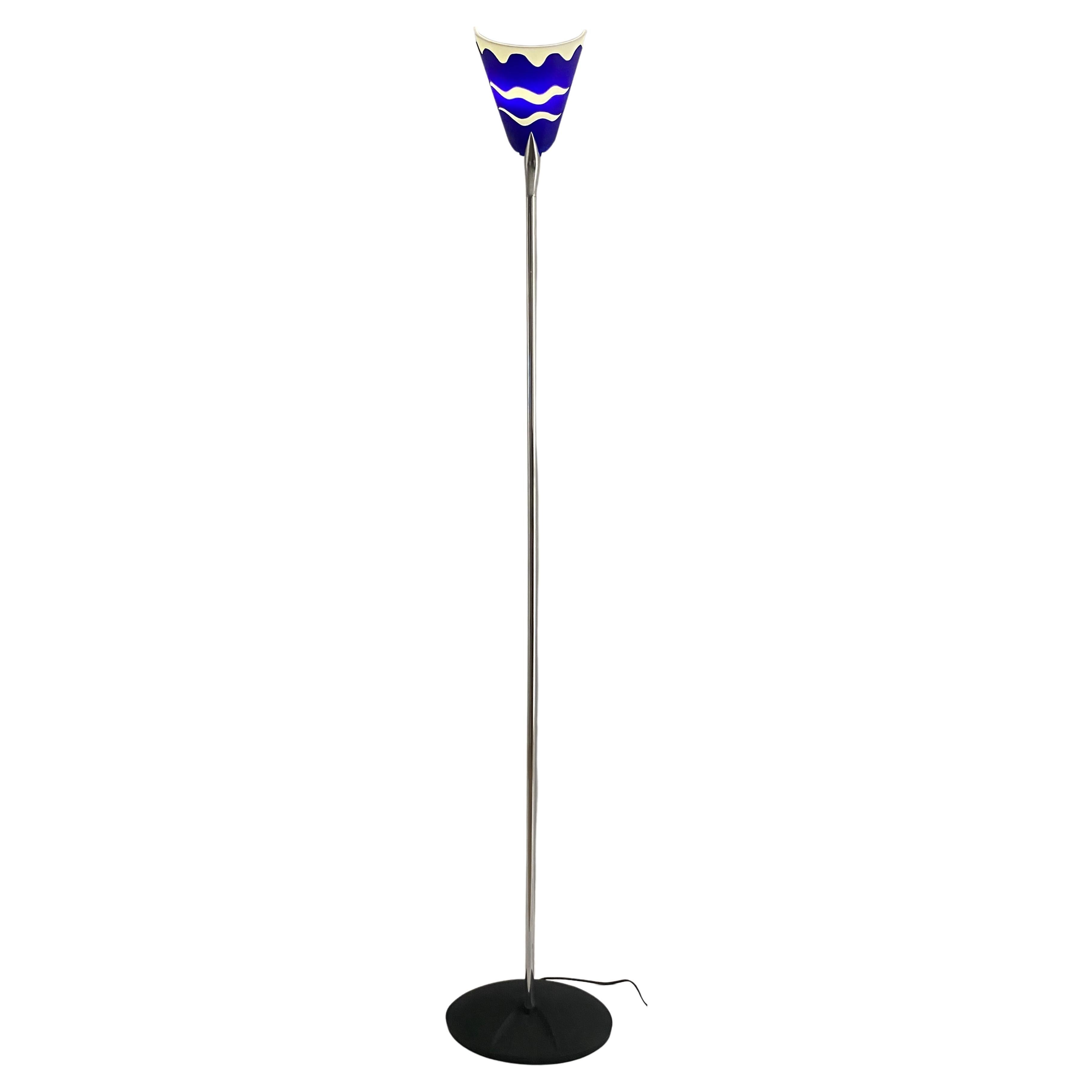 Modern French Polished Chrome Floor Lamp with Blue Shade by LG, Paris France For Sale