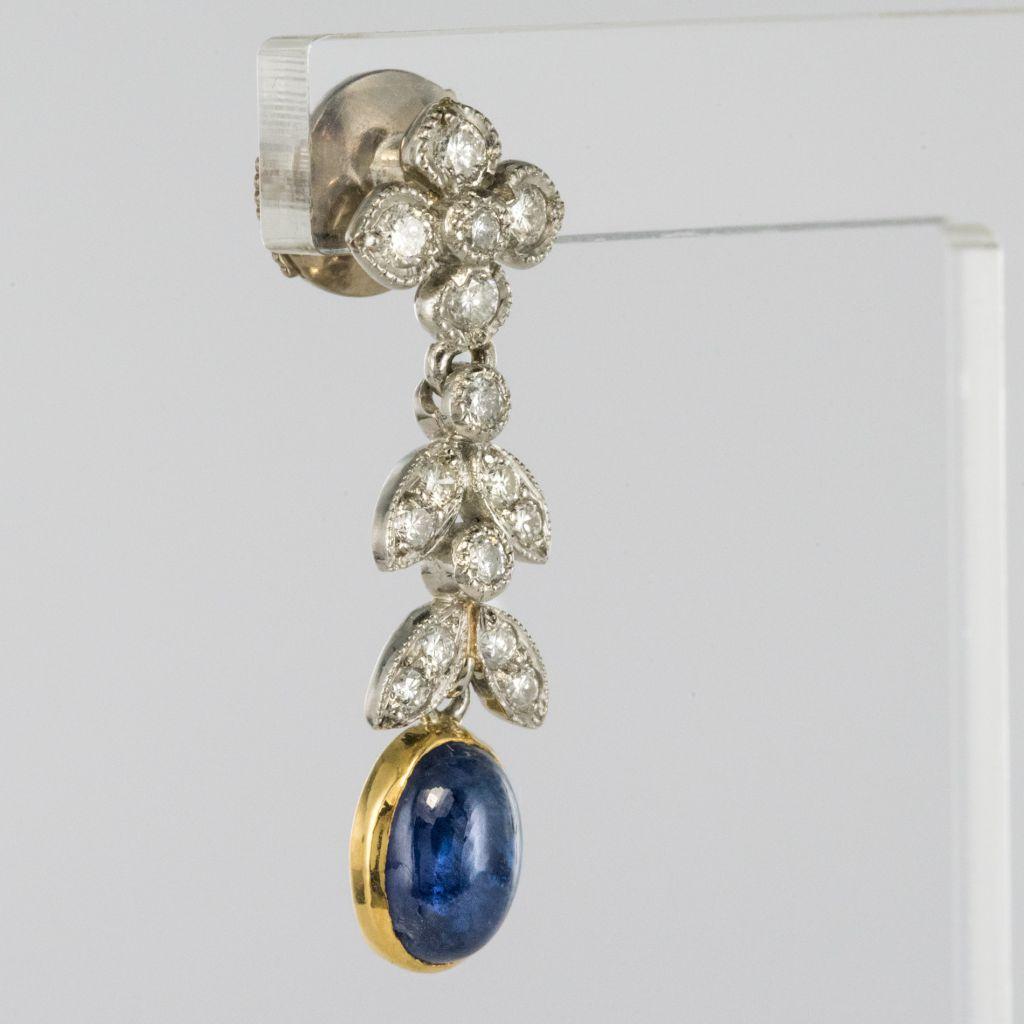 Modern French Sapphire Cabochon Diamond Gold Earrings 4