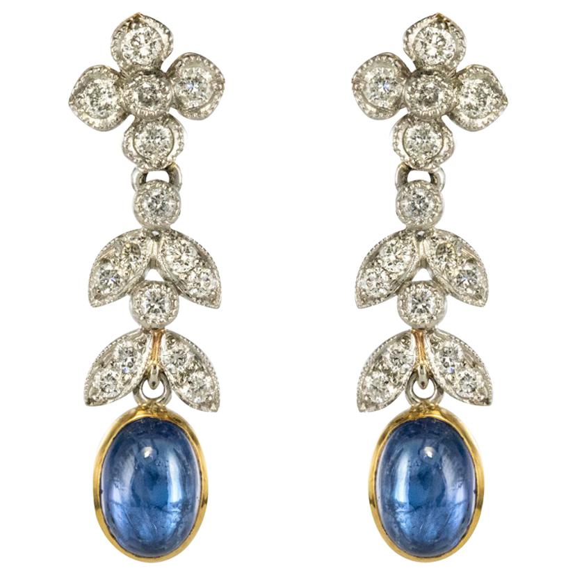 Modern French Sapphire Cabochon Diamond Gold Earrings