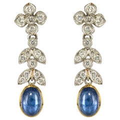 Modern French Sapphire Cabochon Diamond Gold Earrings