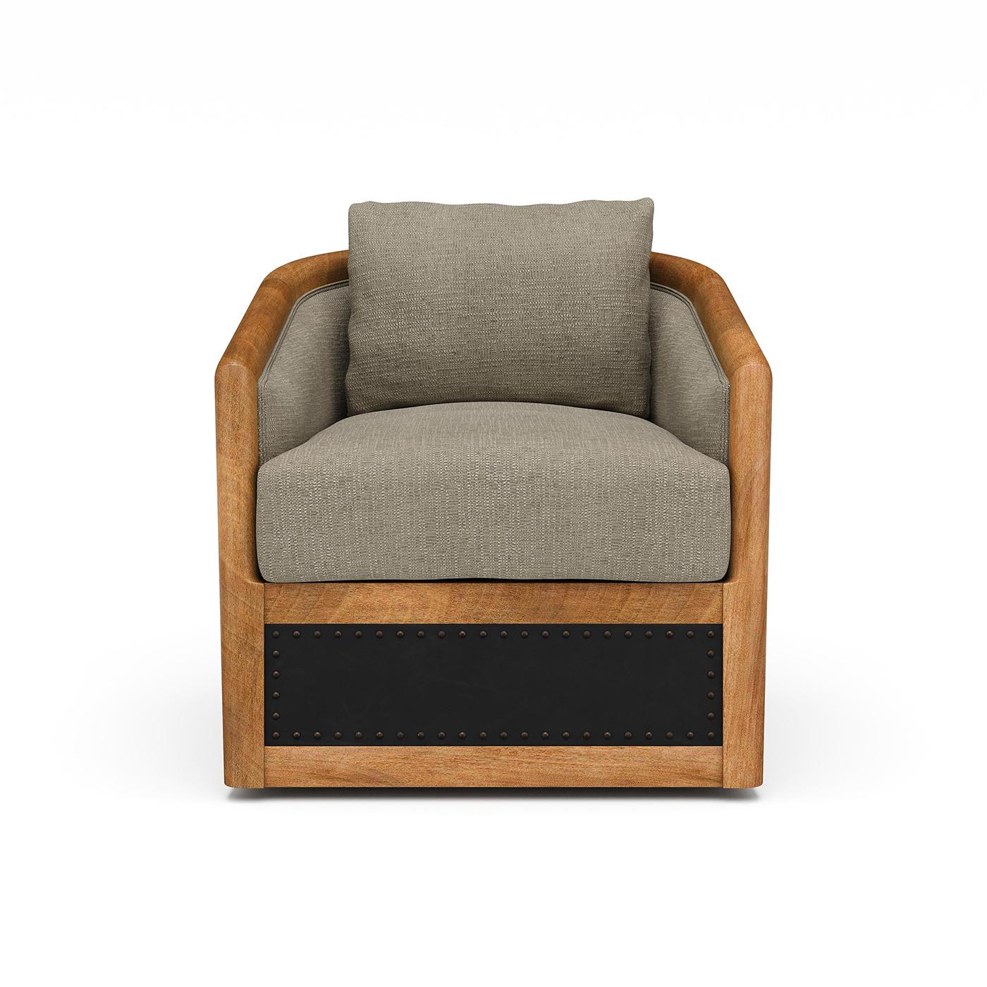 Un mélange sophistiqué de design contemporain et de matériaux luxueux. Ce fauteuil exquis est doté d'un élégant cadre en bois à dossier tubulaire, rehaussé de panneaux en cuir noir de première qualité et revêtu d'un tissu doux de couleur sable. Le