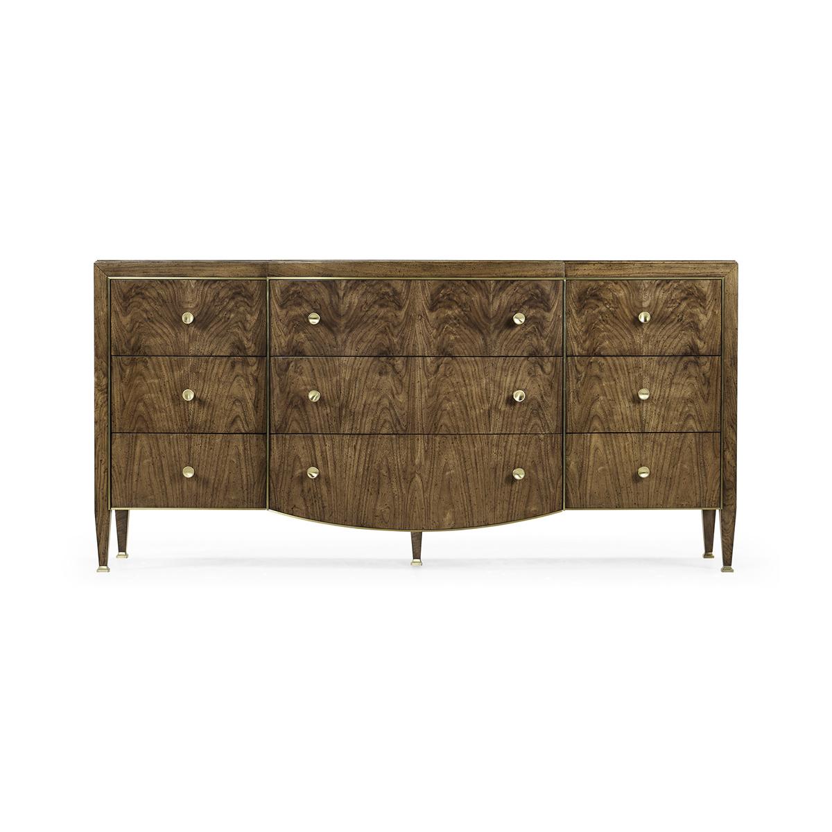 Modern French walnut dresser, with a transparent, low-luster finish. The nine-drawer fronts feature figured walnut in a traditional book match pattern. The hardware is cast and finished in a light, champagne patina. Raised on square tapered legs