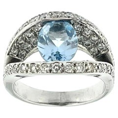 Modern French White Gold Ring with Diamonds and Aquamarine