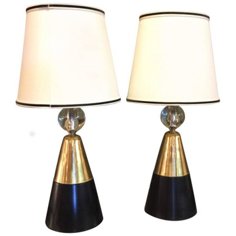Modern French Wood and Brass Table Lamps