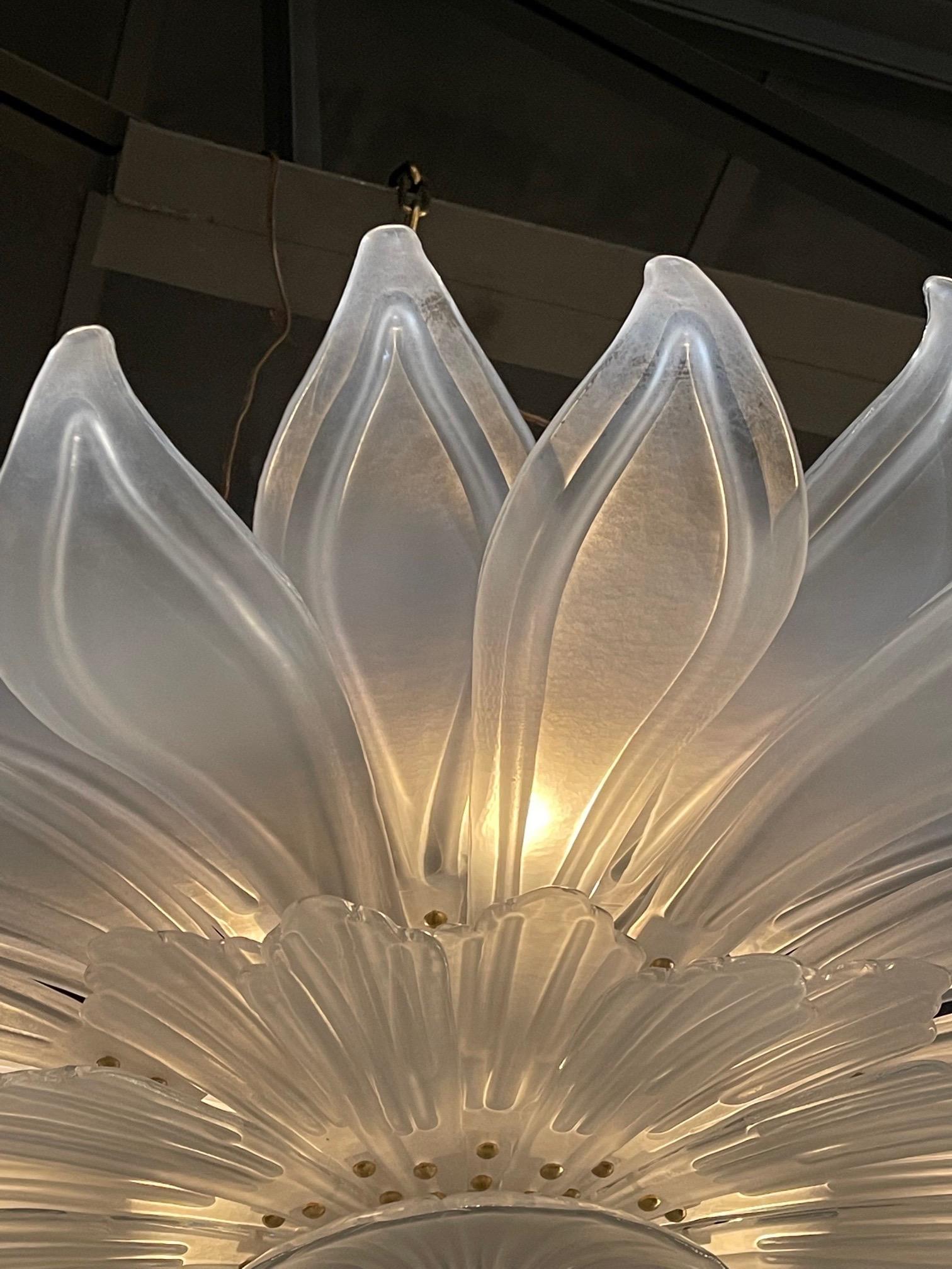 Large and impressive modern frosted glass leaf form flush mount chandelier. Creates a gorgeous sculptural look! A true work of art!