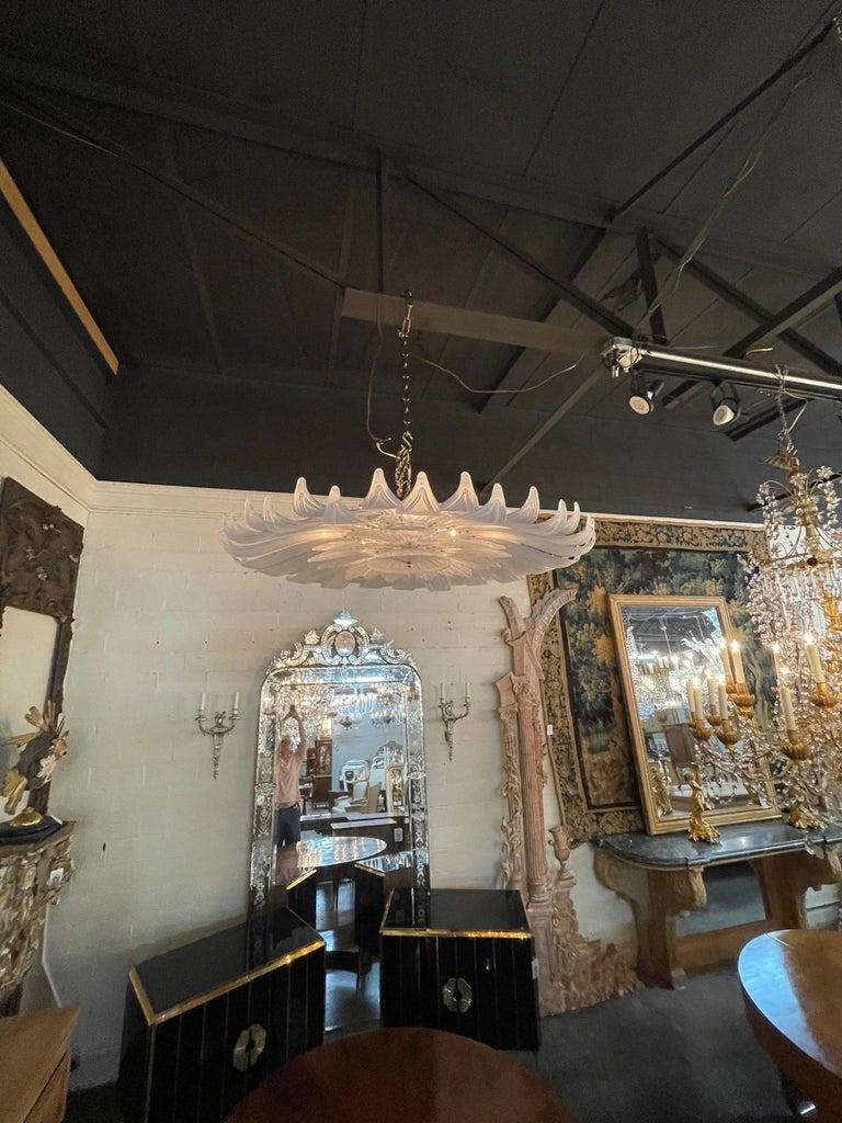 Large and impressive modern frosted glass leaf form flush mount chandelier. Creates a gorgeous sculptural look! A true work of art!