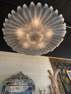 Modern Frosted Murano Glass Leaf Form Flush Mount Chandelier