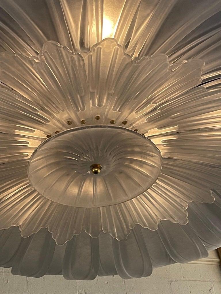 Contemporary Modern Frosted Murano Glass Leaf Form Flush Mount Chandelier For Sale