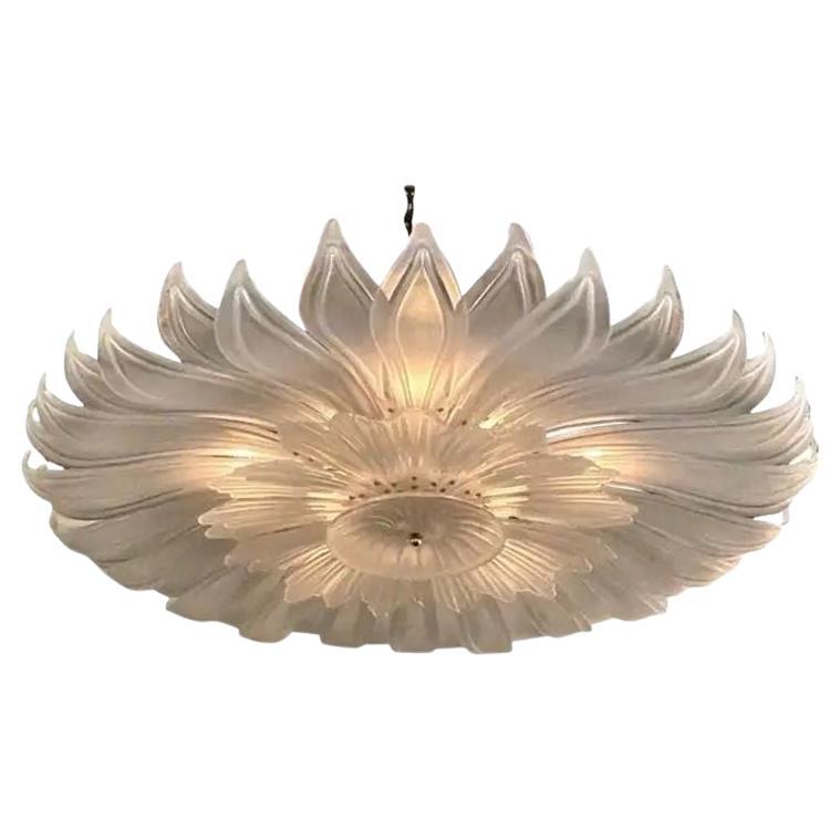 Modern Frosted Murano Glass Leaf Form Flush Mount Chandelier For Sale