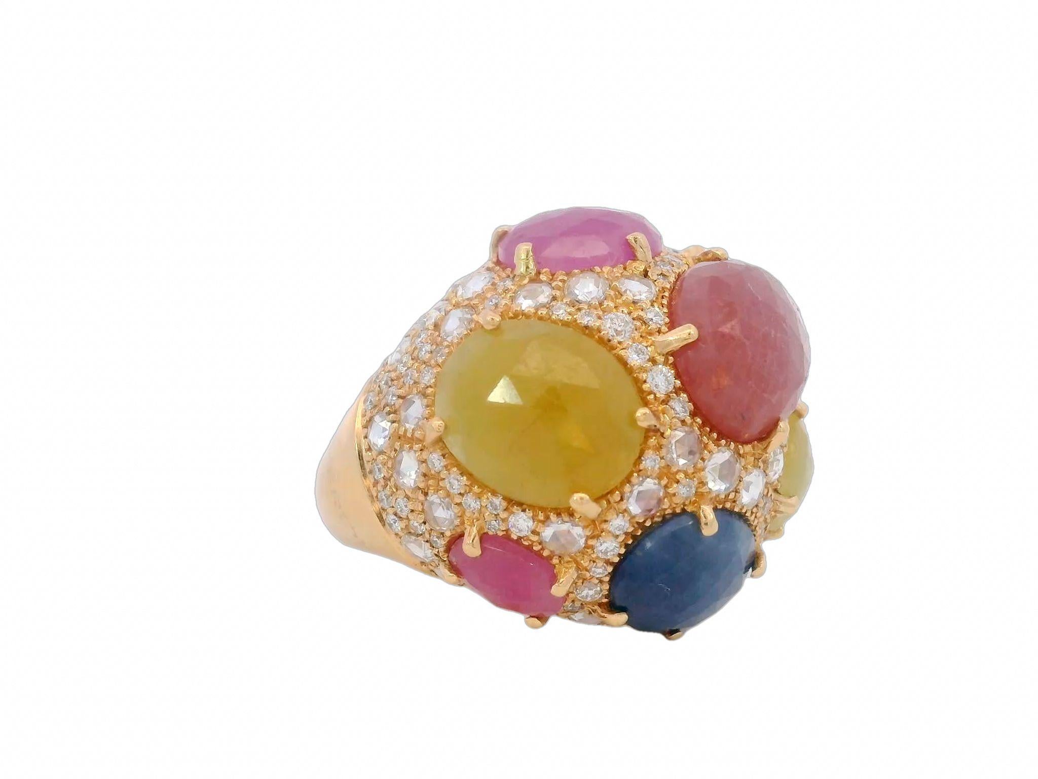 Bague moderne G. Verdi en or 18 carats, saphirs multicolores et diamants

La bague moderne G. Verdi en or 18 carats à saphirs multicolores et diamants est une pièce époustouflante de l'artisanat italien. Au centre de cette bague luxueuse se trouve
