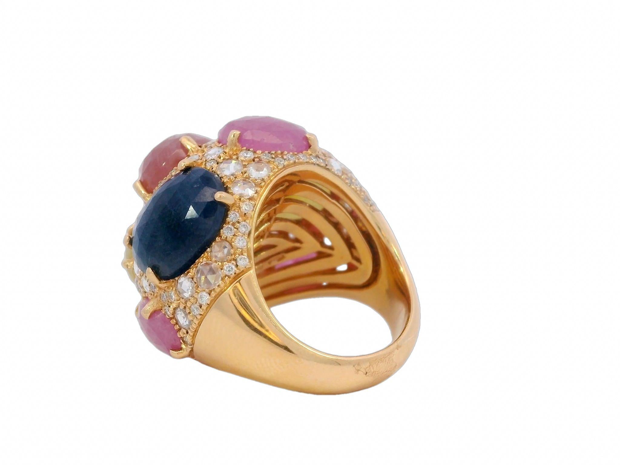 Moderne Bague moderne G. Verdi en or 18 carats, saphirs multicolores taille rose et diamants