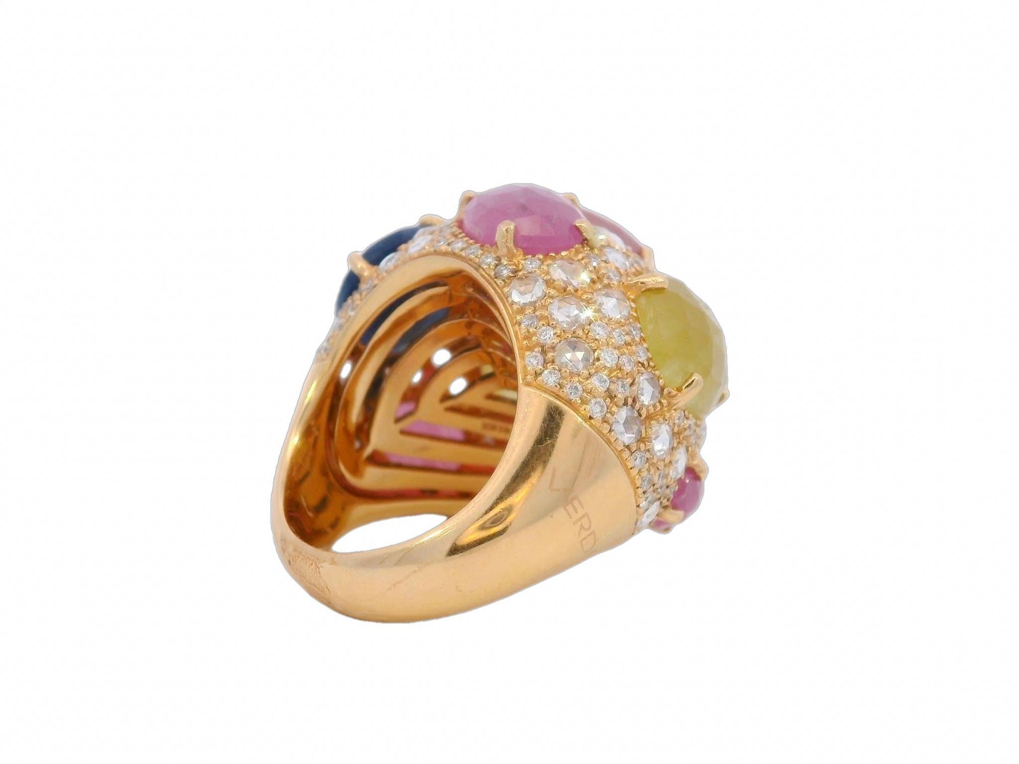 Bague moderne G. Verdi en or 18 carats, saphirs multicolores taille rose et diamants Bon état à Fairfield, CT