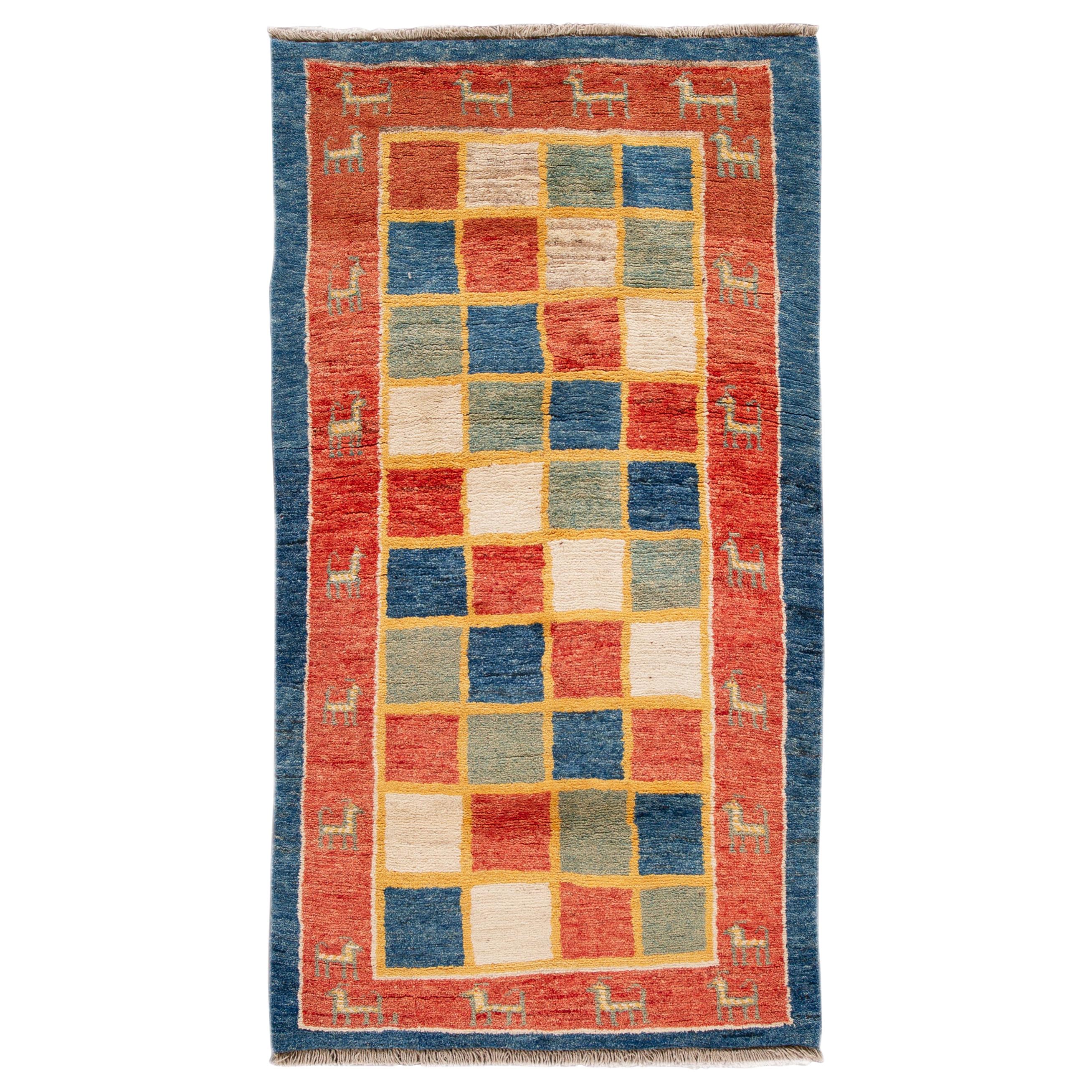 Modern Gabbeh Checked Persian Handmade Wool Rug