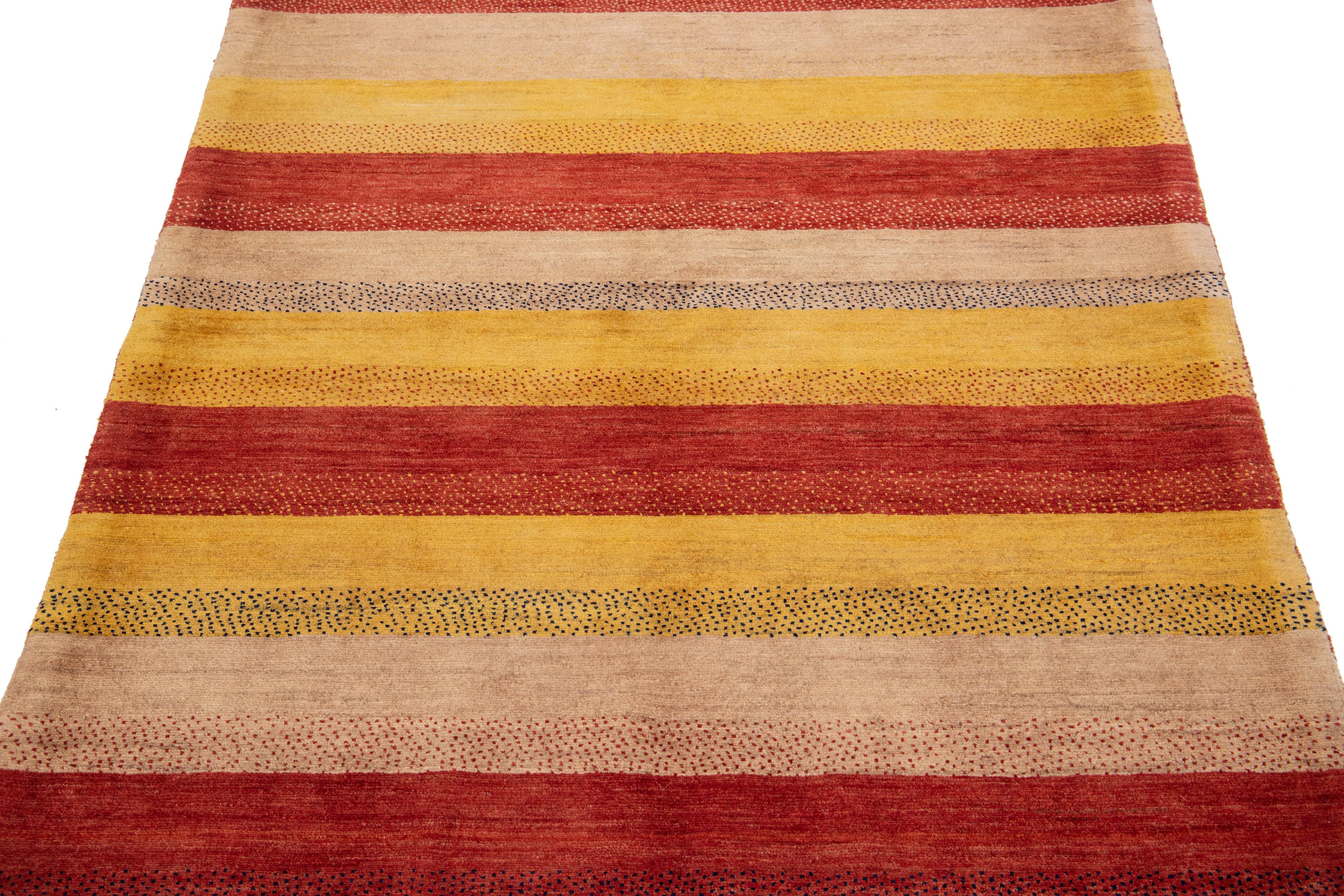 Hand-Knotted Modern Gabbeh Handmade Persian Wool Rug With Multicolor Stripe Design For Sale