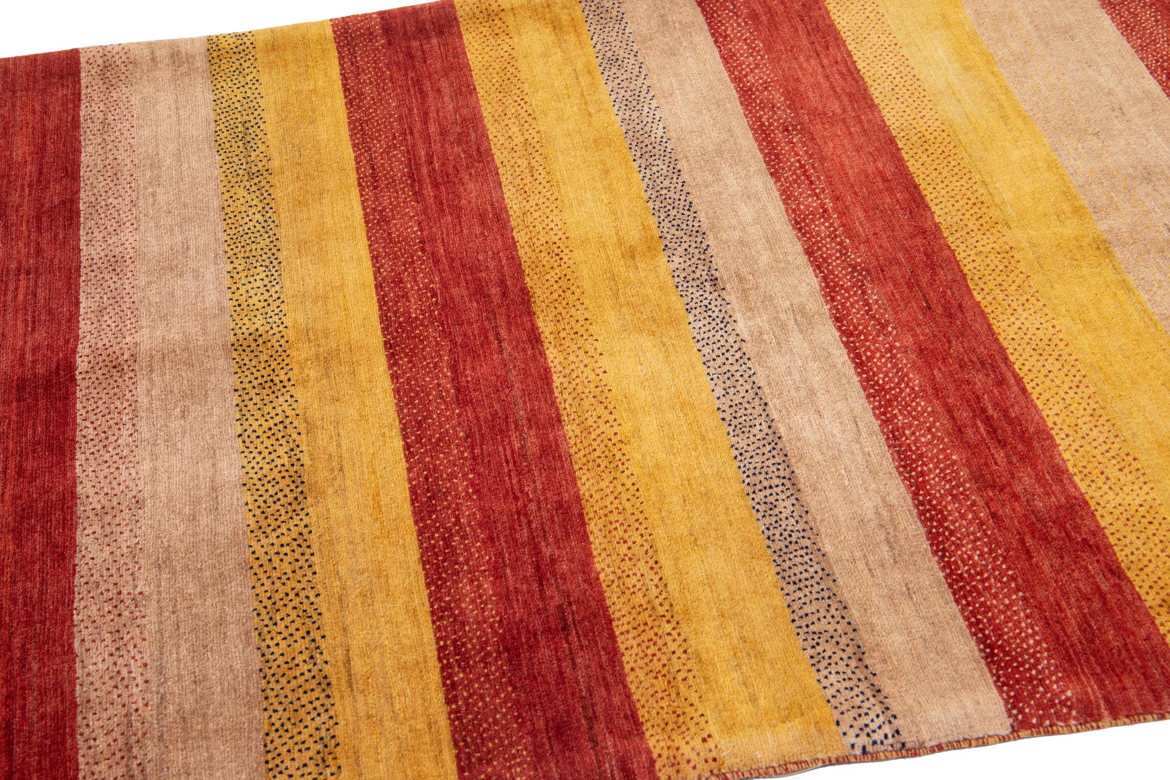 Contemporary Modern Gabbeh Handmade Persian Wool Rug With Multicolor Stripe Design For Sale