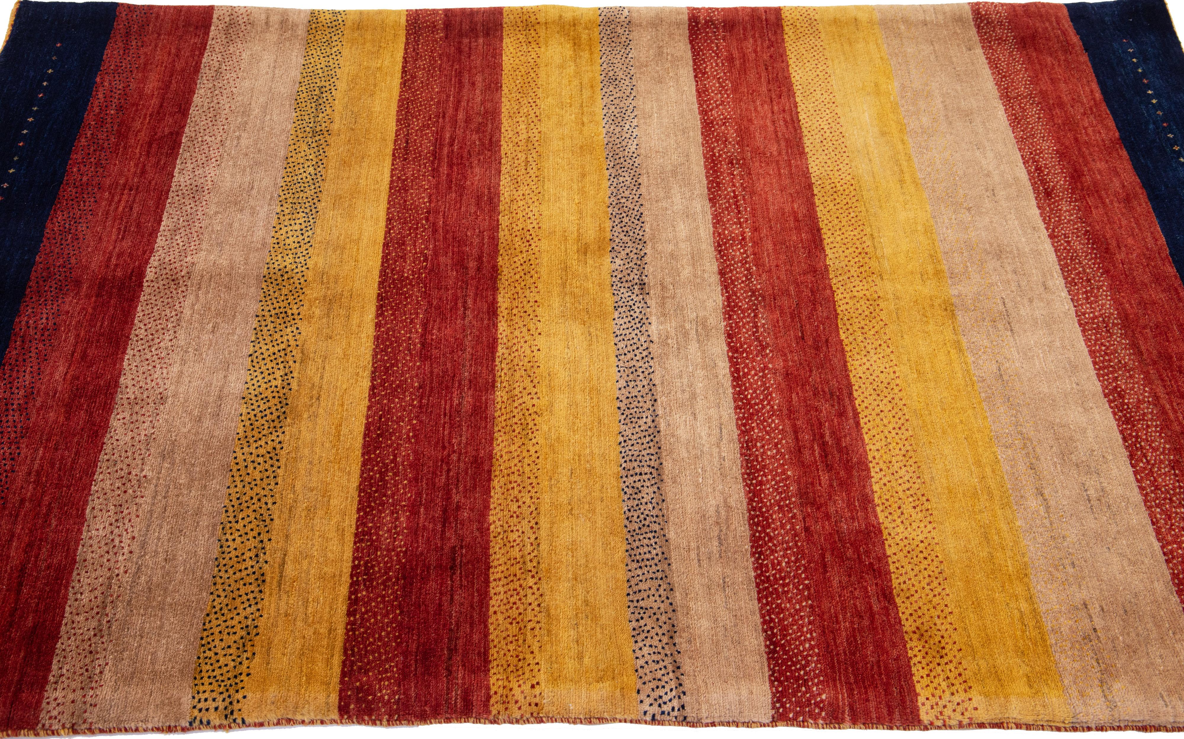 Modern Gabbeh Handmade Persian Wool Rug With Multicolor Stripe Design For Sale 1