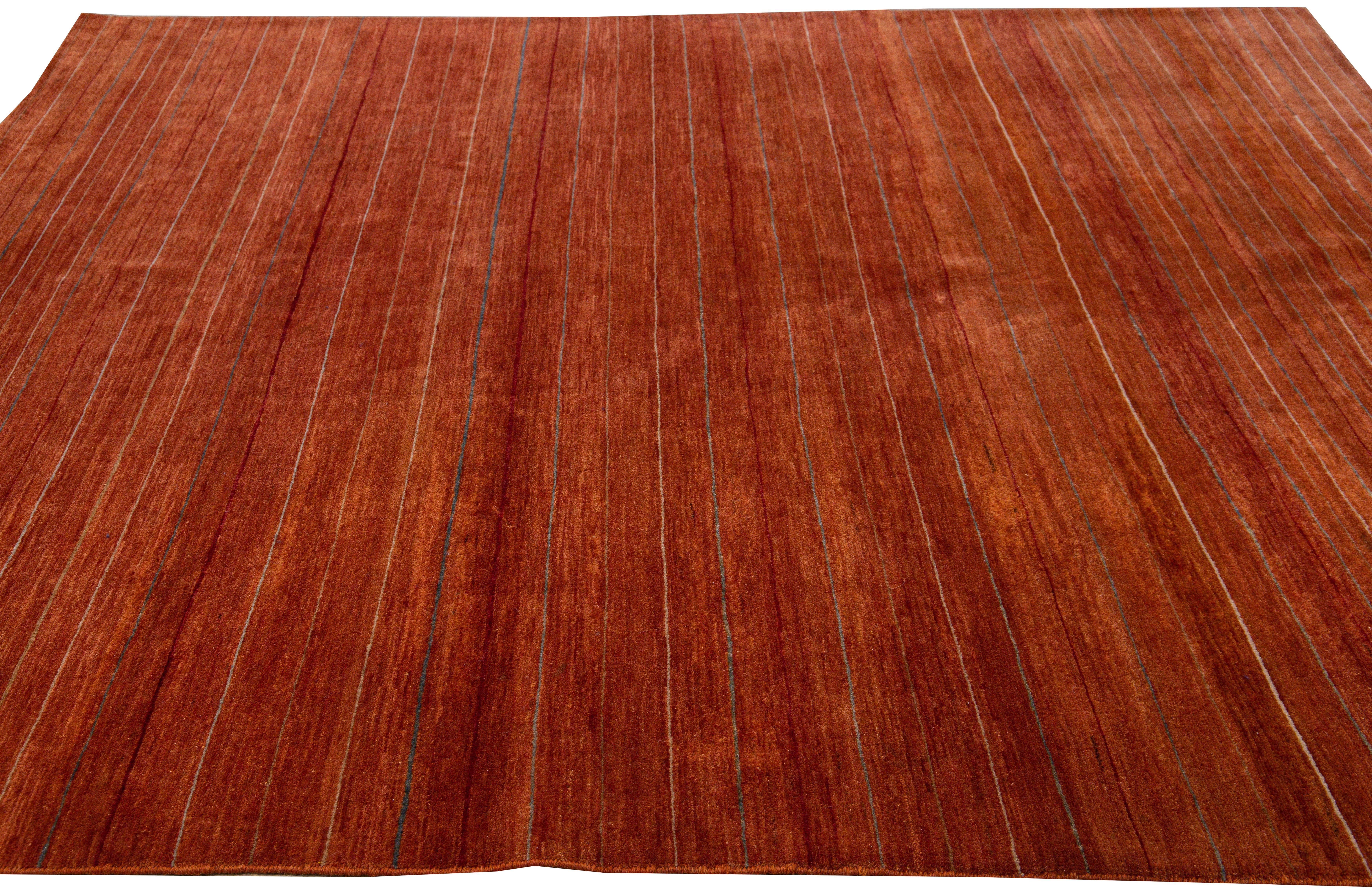 Contemporary Modern Gabbeh Handmade Striped Copper Wool Rug For Sale
