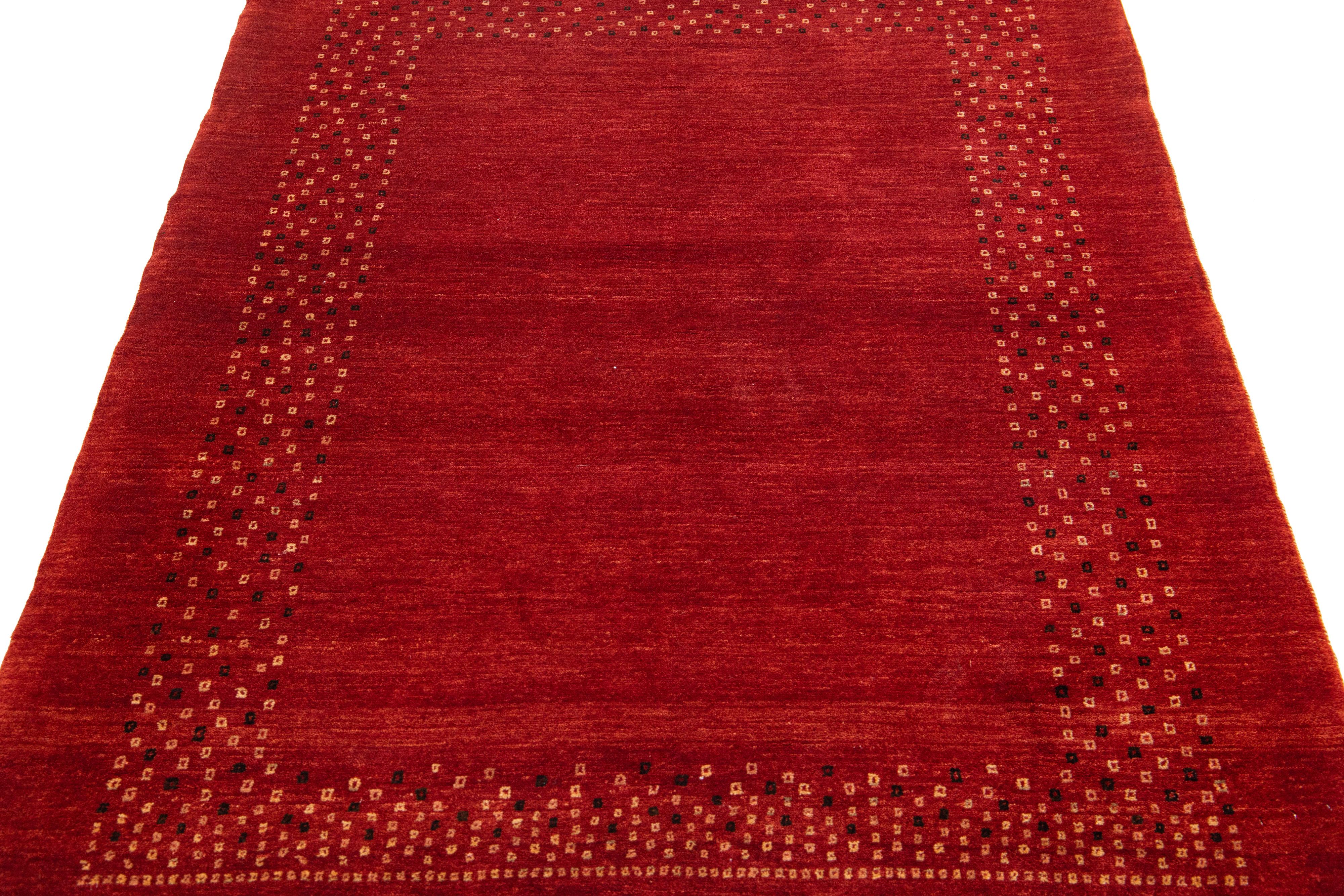 Minimalist Modern Gabbeh Red Handmade Designed Persian Wool Rug For Sale