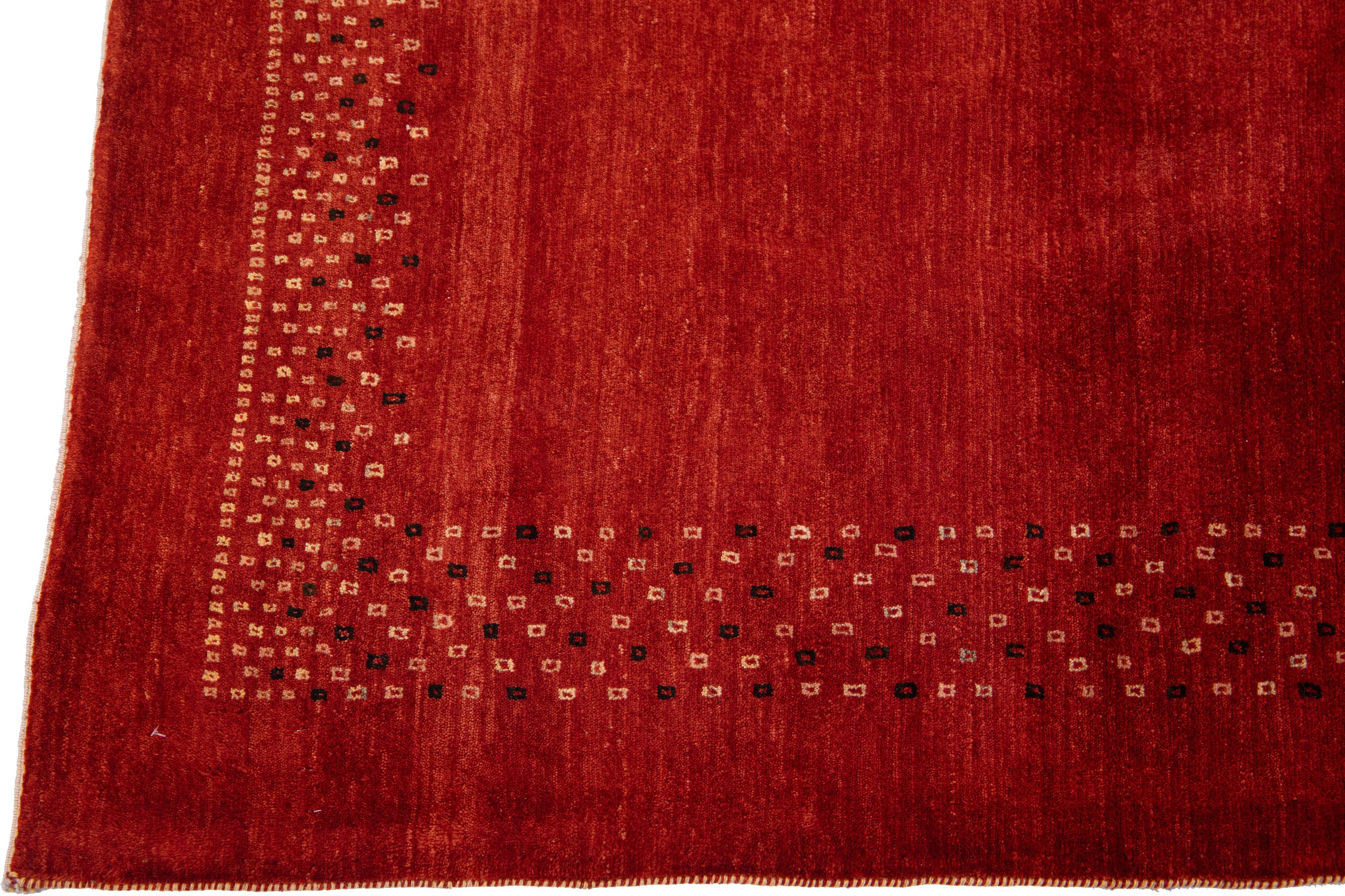 Hand-Knotted Modern Gabbeh Red Handmade Designed Persian Wool Rug For Sale