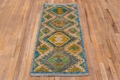 Modern Gabbeh Runner, Blue Green Yellow and Ivory, Kitchen Runner, Vanity Runner