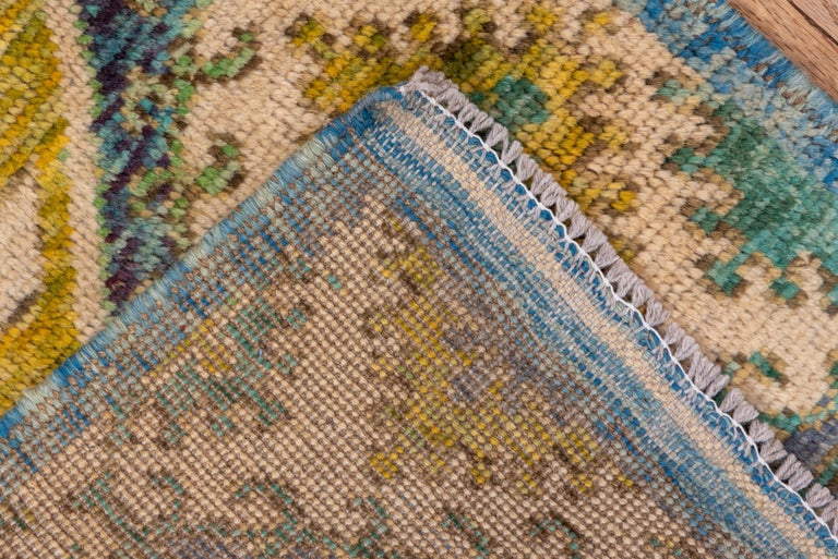 Modern Gabbeh Runner, Blue Green Yellow and Ivory, Kitchen Runner