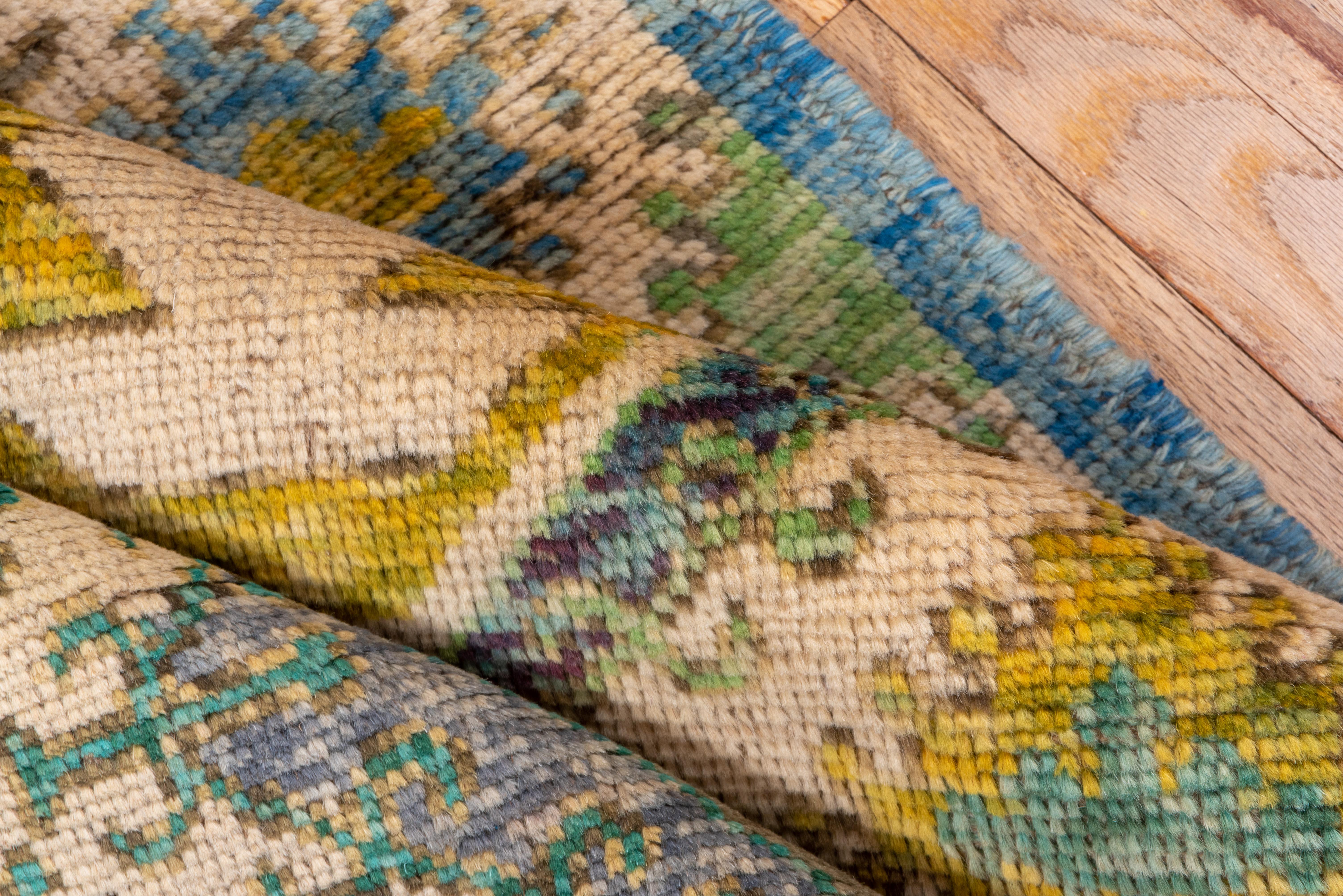 Contemporary Modern Gabbeh Runner, Blue Green Yellow and Ivory, Kitchen Runner, Vanity Runner