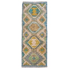 Modern Gabbeh Runner, Blue Green Yellow and Ivory, Kitchen Runner, Vanity Runner