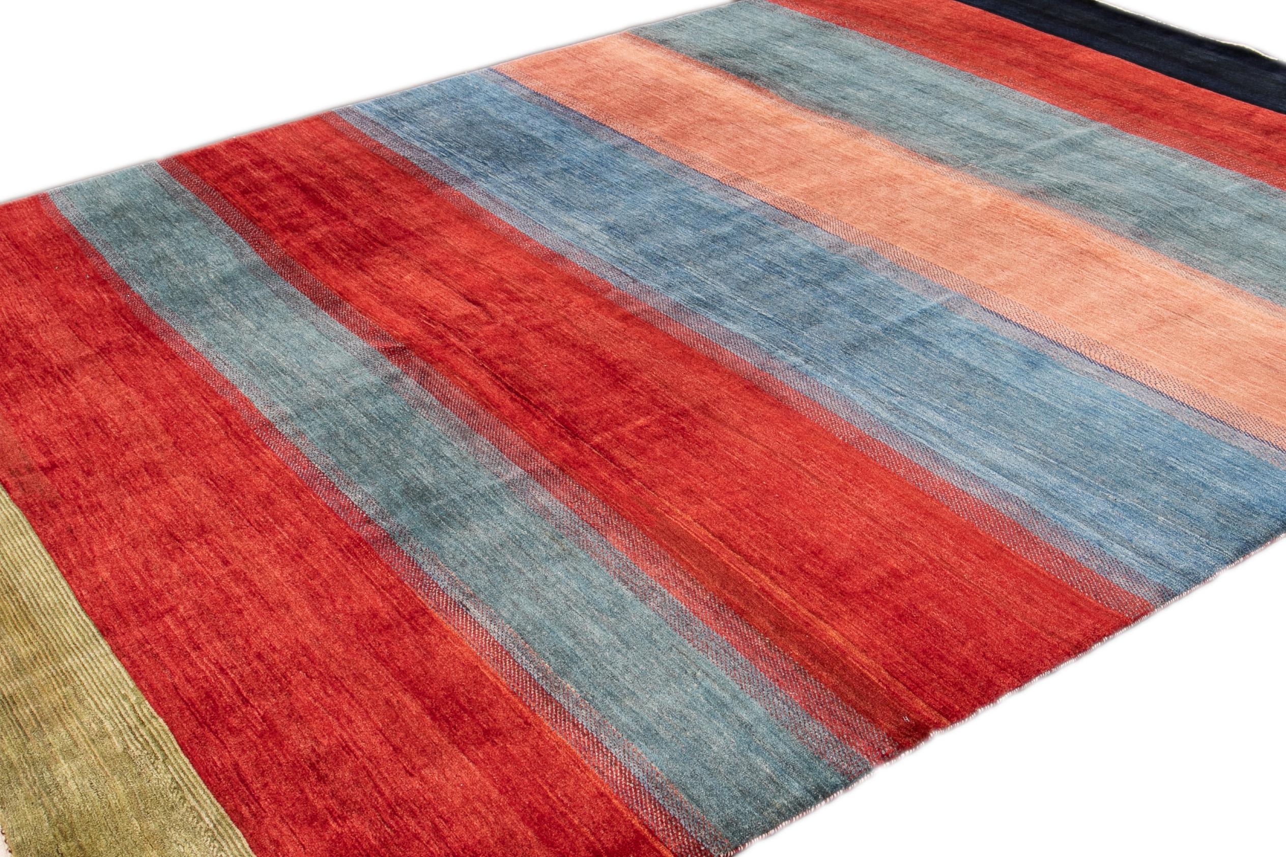 Hand-Knotted Modern Gabbeh Striped Persian Handmade Wool Rug For Sale
