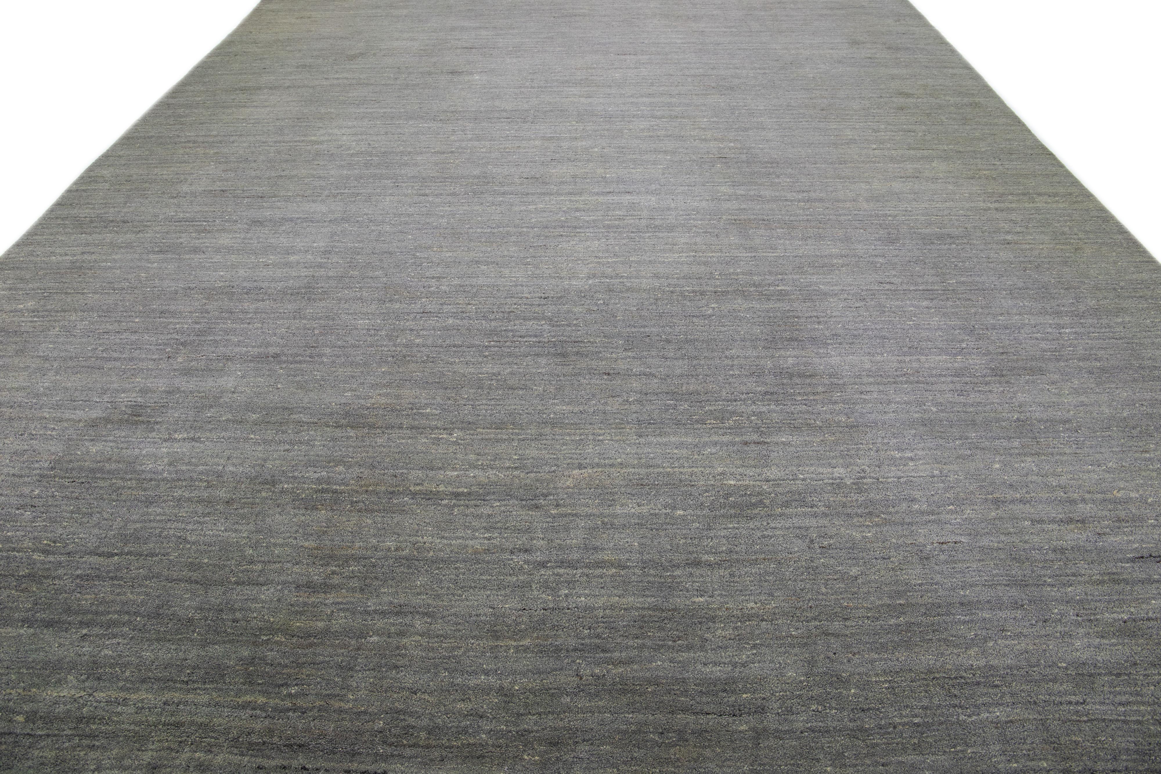 Minimalist Modern Gabbeh Style Gray Handmade Oversize Wool Rug with Solid Design For Sale