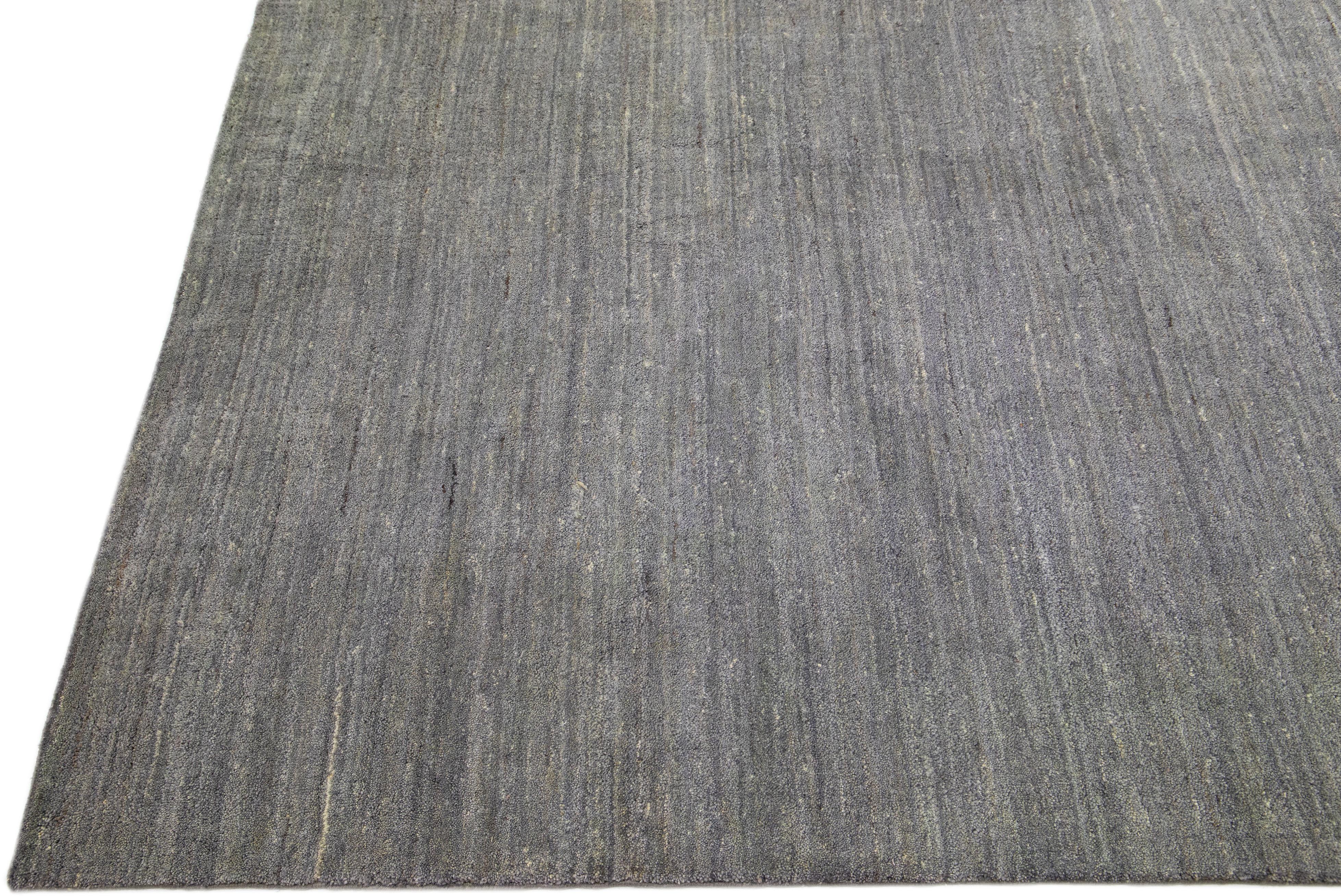 Indian Modern Gabbeh Style Gray Handmade Oversize Wool Rug with Solid Design For Sale