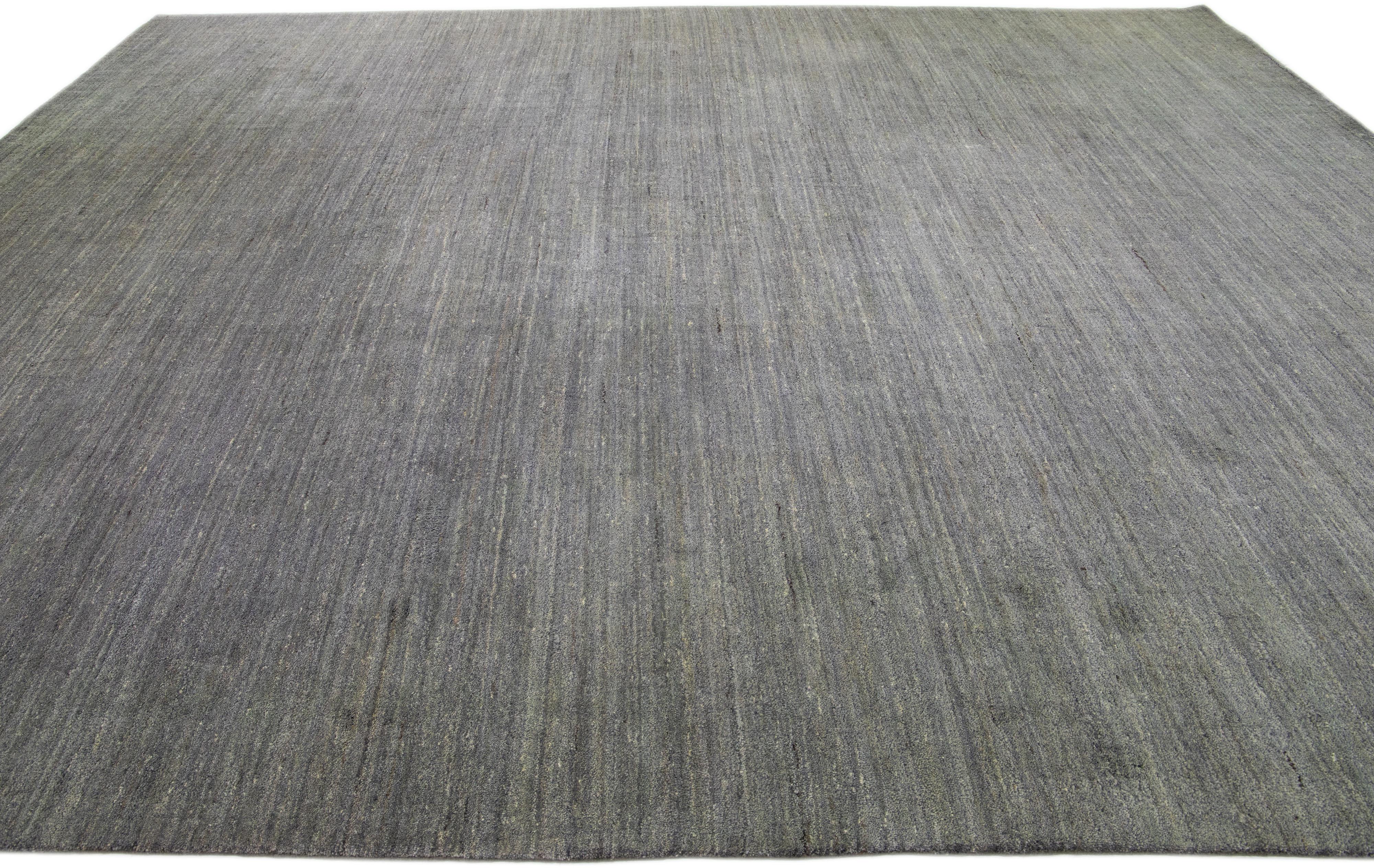 Hand-Knotted Modern Gabbeh Style Gray Handmade Oversize Wool Rug with Solid Design For Sale