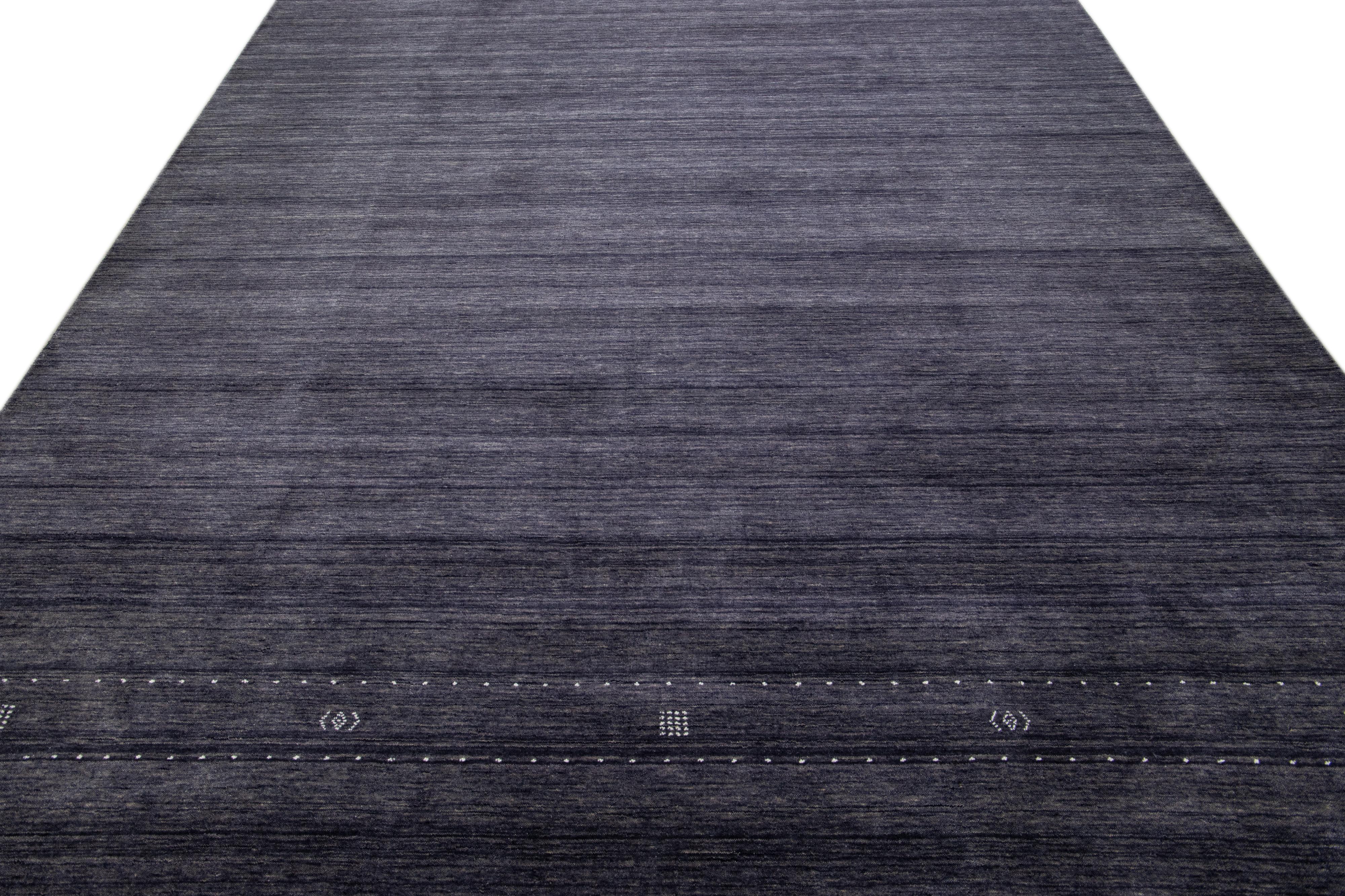 Minimalist Modern Gabbeh Style Hand-Loom Charcoal Wool Rug with Minimal Design  For Sale