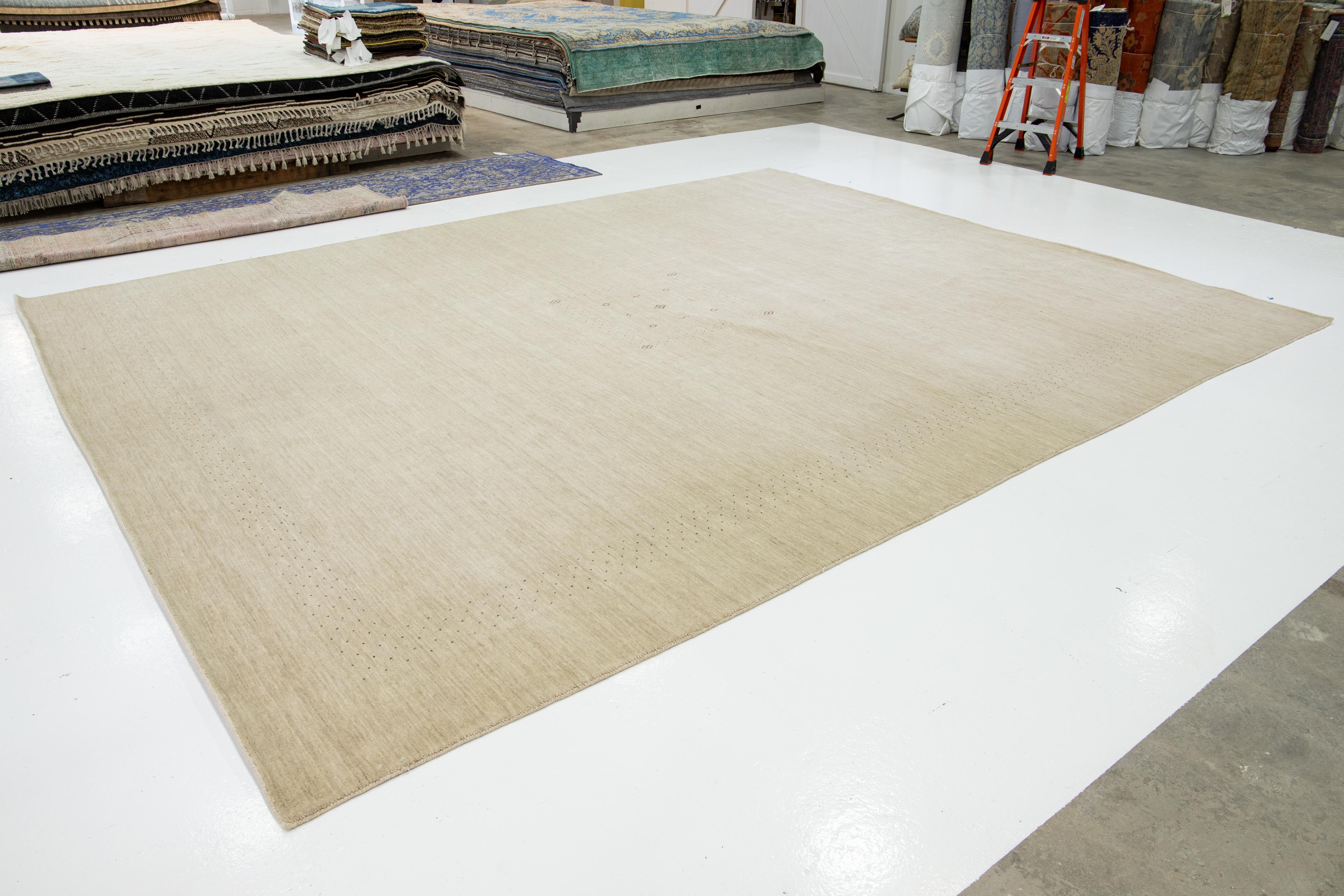 Modern Gabbeh Style Hand-Loom Minimal Design Beige Oversize Solid Wool Rug In New Condition For Sale In Norwalk, CT