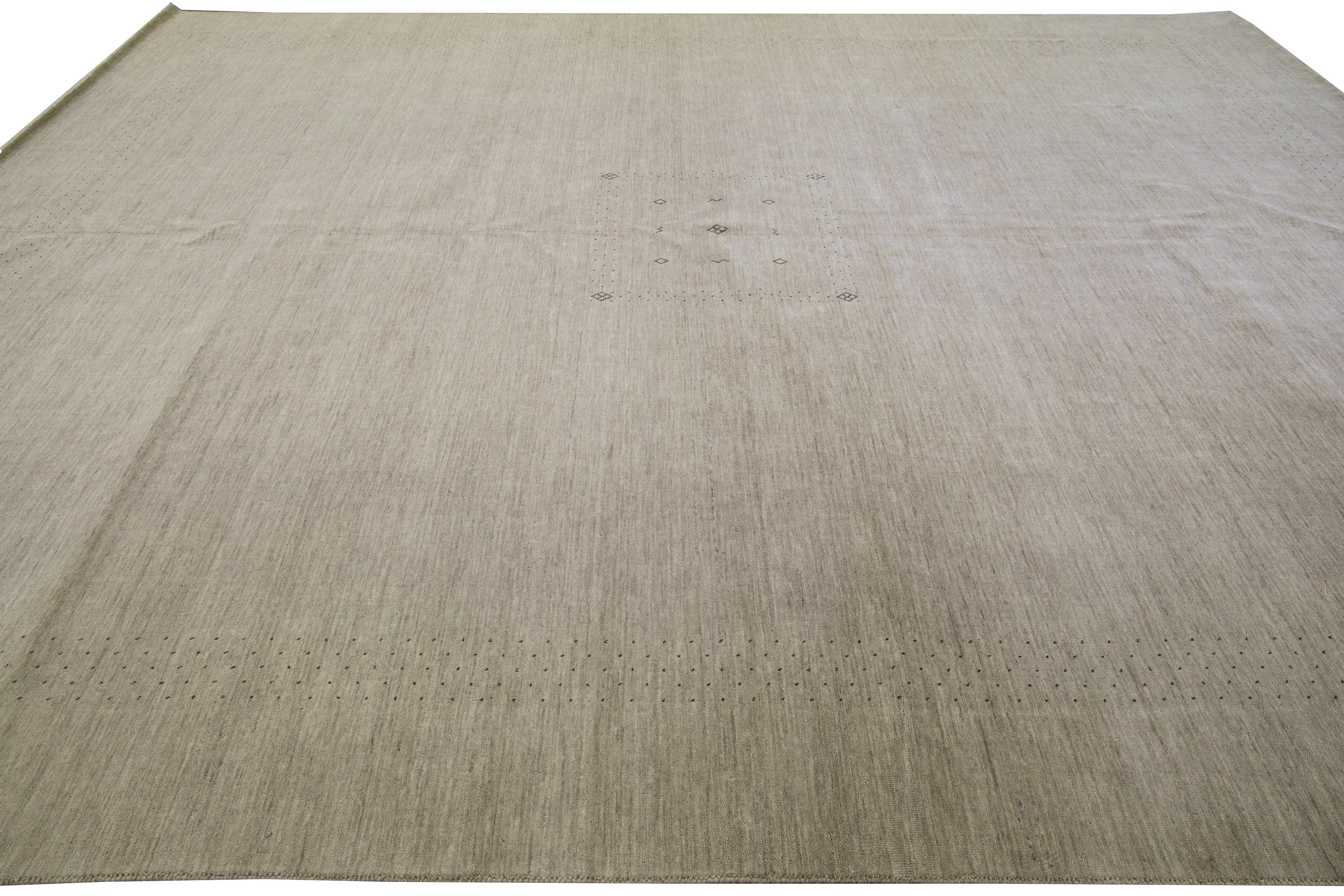 Contemporary Modern Gabbeh Style Hand-Loom Minimal Design Beige Oversize Solid Wool Rug For Sale