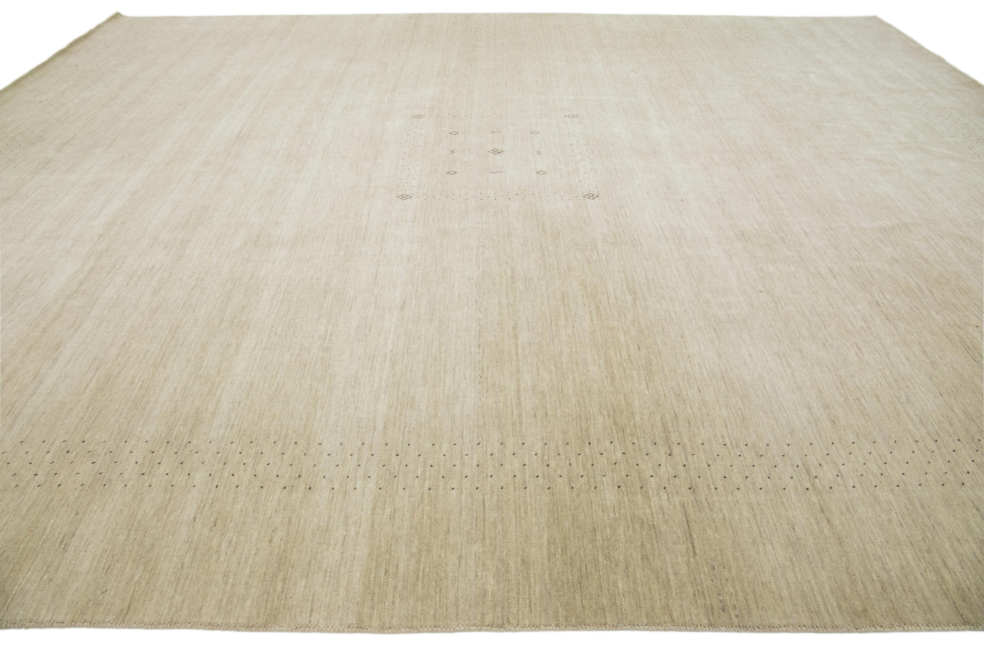 Contemporary Modern Gabbeh Style Hand-Loom Minimal Design Beige Oversize Solid Wool Rug For Sale