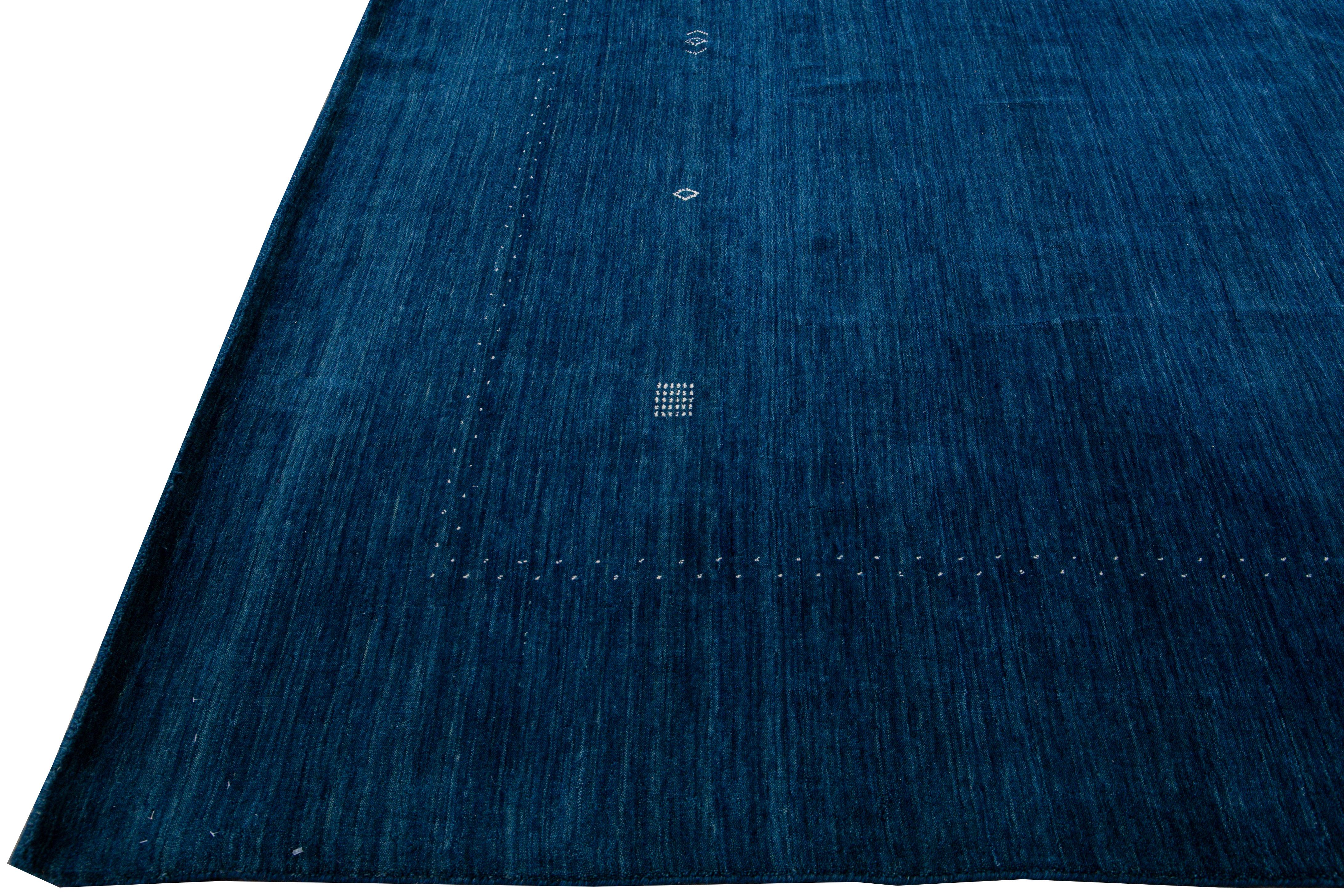 Minimalist Modern Gabbeh Style Hand-Loom Minimal Design Navy-Blue Solid Wool Rug For Sale
