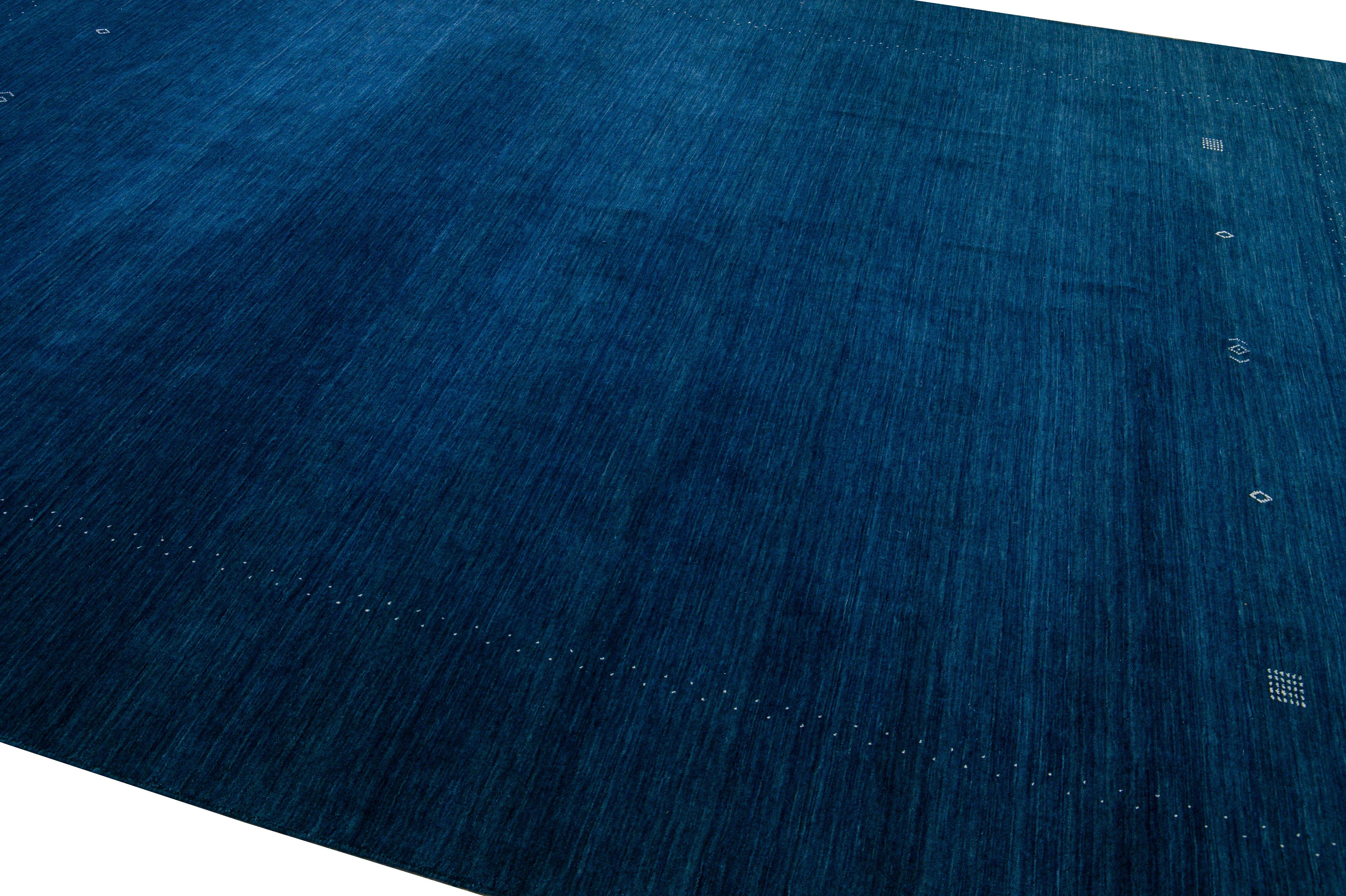 Contemporary Modern Gabbeh Style Hand-Loom Minimal Design Navy-Blue Solid Wool Rug For Sale
